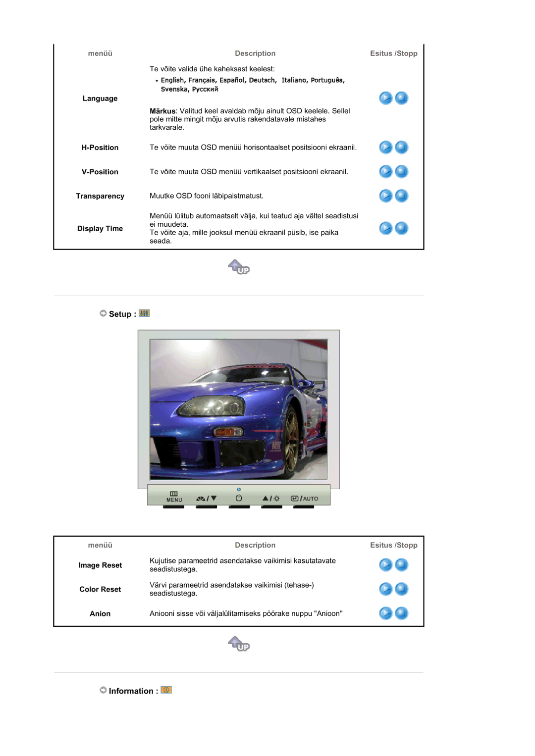 Samsung 720NA manual Setup, Information, Language Position Transparency Display Time, Image Reset Color Reset Anion 