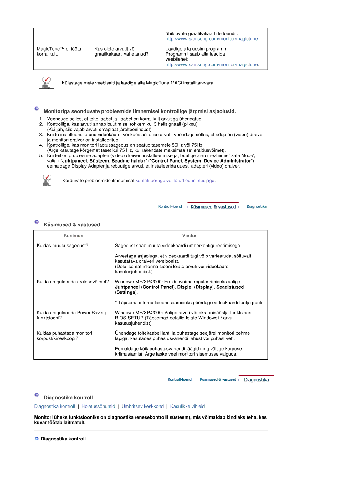 Samsung 720NA manual Küsimused & vastused, Diagnostika kontroll, Juhtpaneel Control Panel , Displei Display , Seadistused 