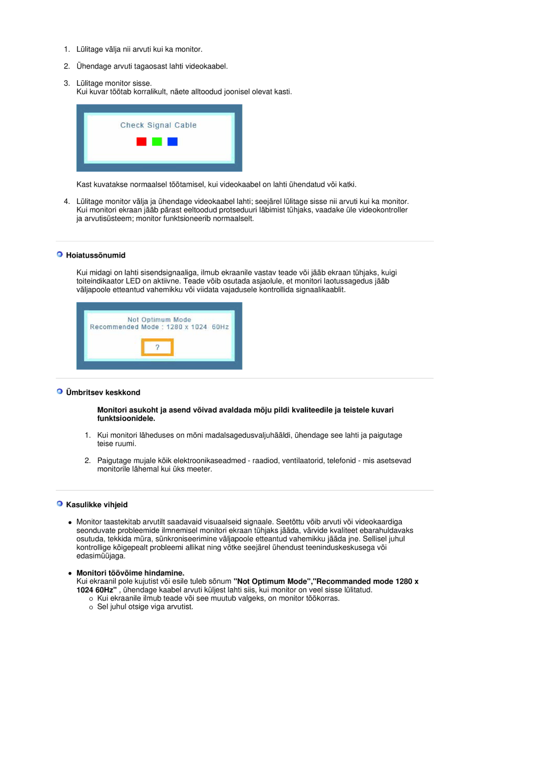 Samsung 720NA manual Hoiatussõnumid, Kasulikke vihjeid, Monitori töövõime hindamine 