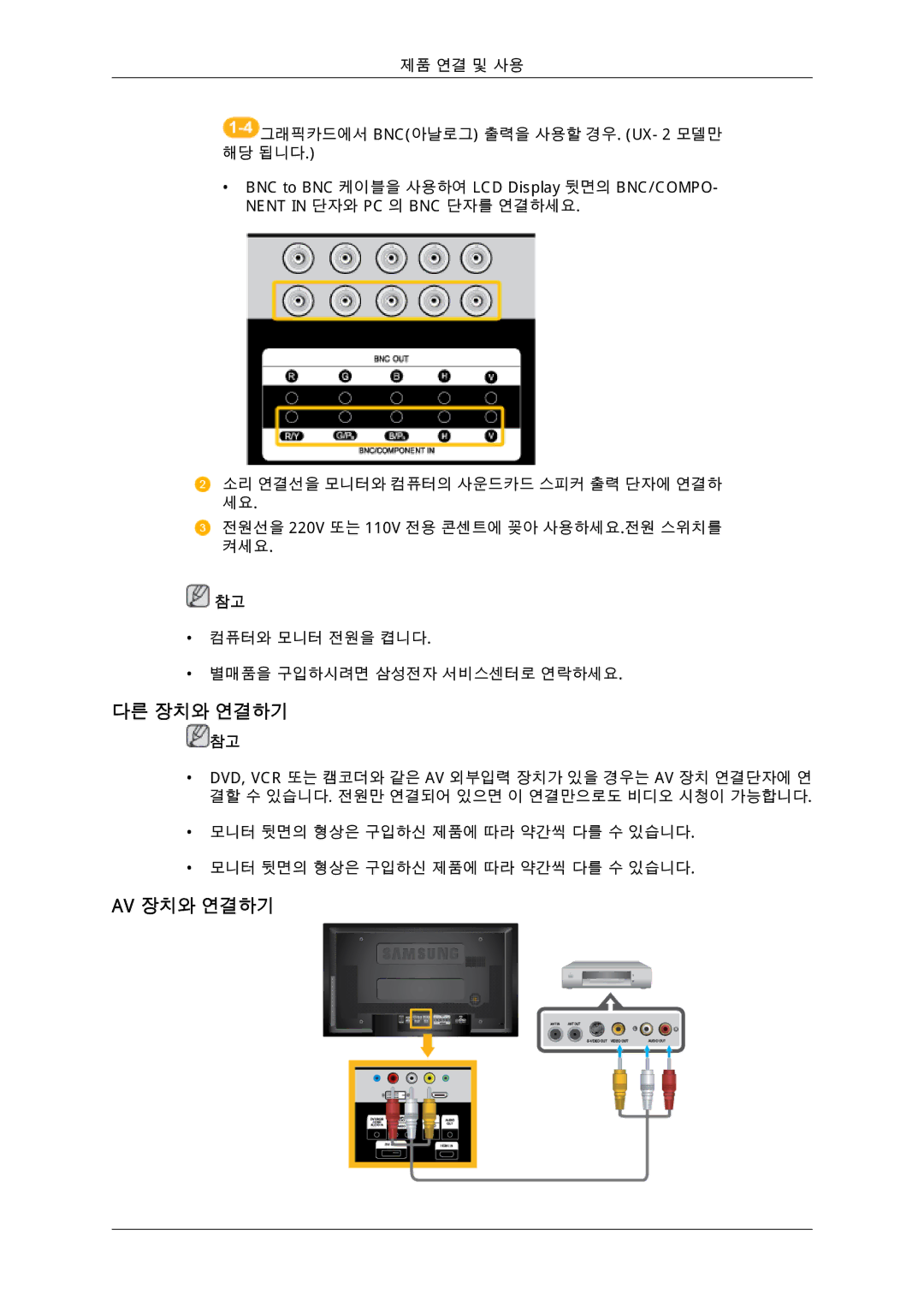 Samsung 725D quick start 다른 장치와 연결하기, Av 장치와 연결하기 