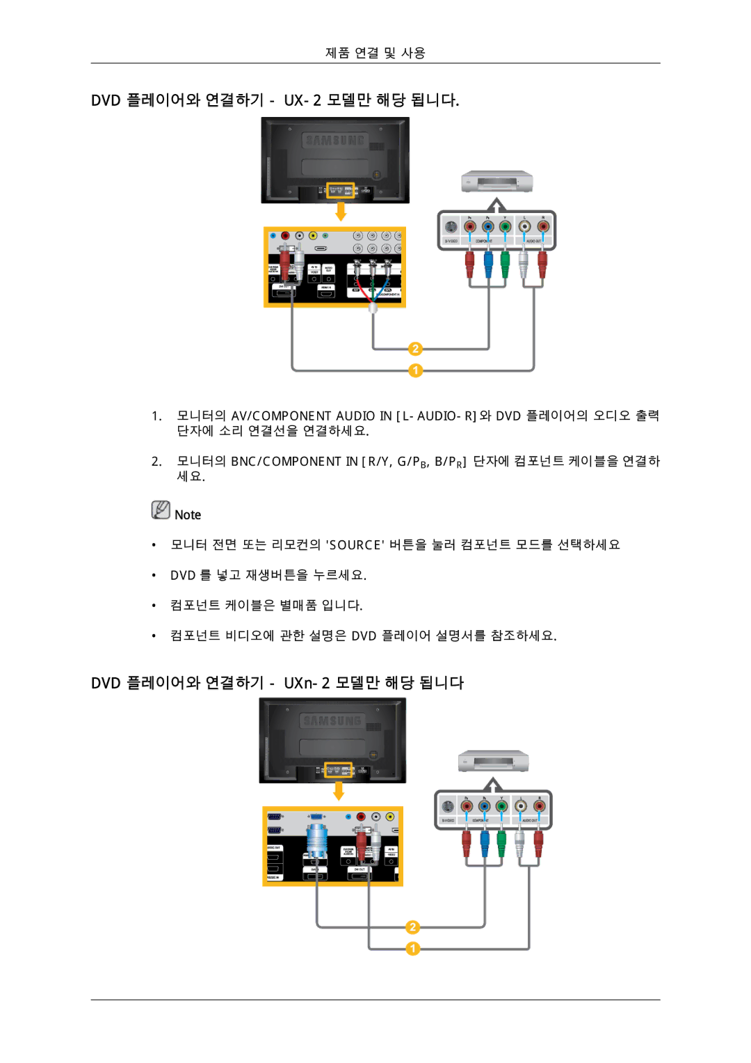 Samsung 725D quick start DVD 플레이어와 연결하기 UX-2 모델만 해당 됩니다, DVD 플레이어와 연결하기 UXn-2 모델만 해당 됩니다 