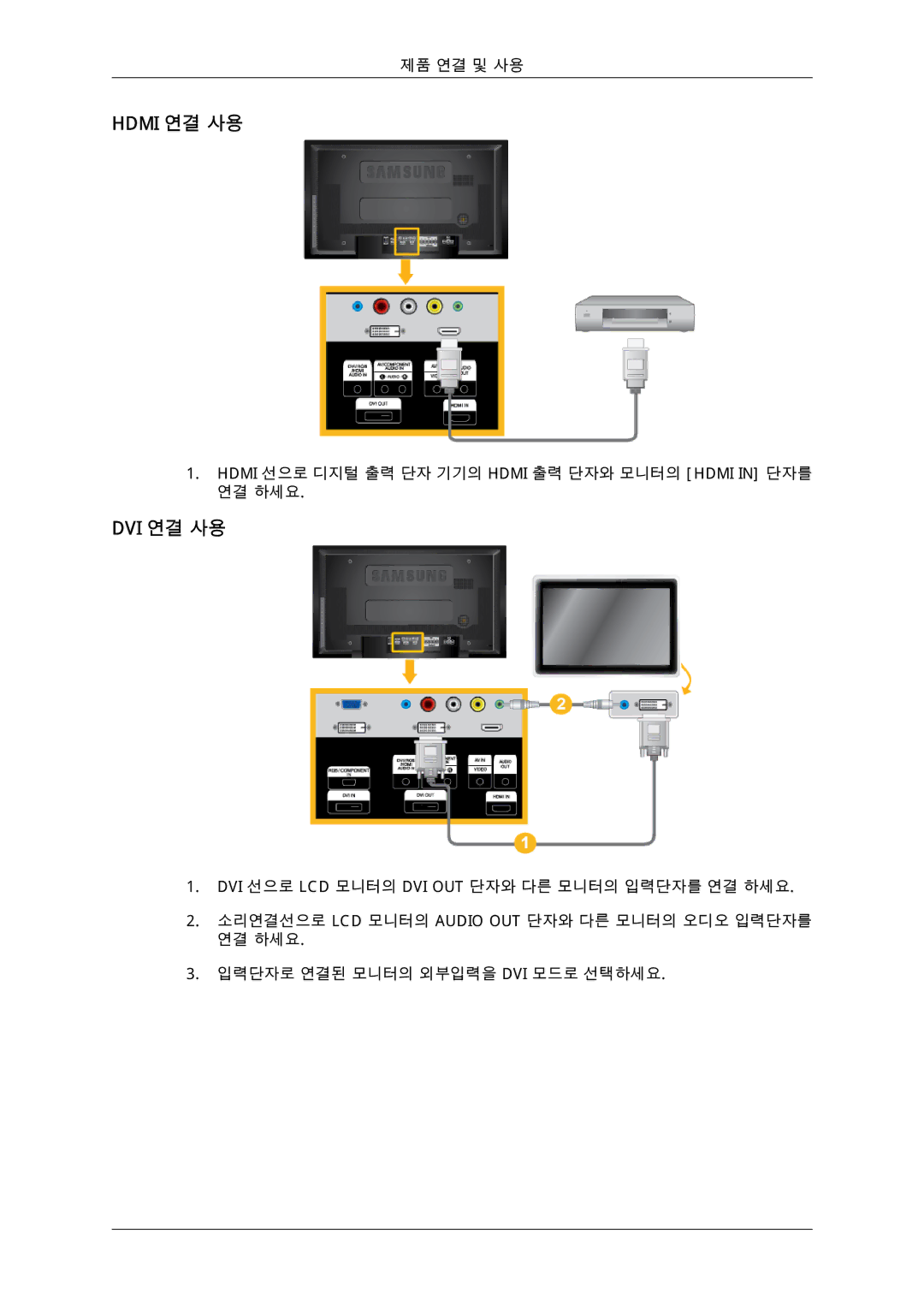 Samsung 725D quick start Hdmi 연결 사용, Dvi 연결 사용 