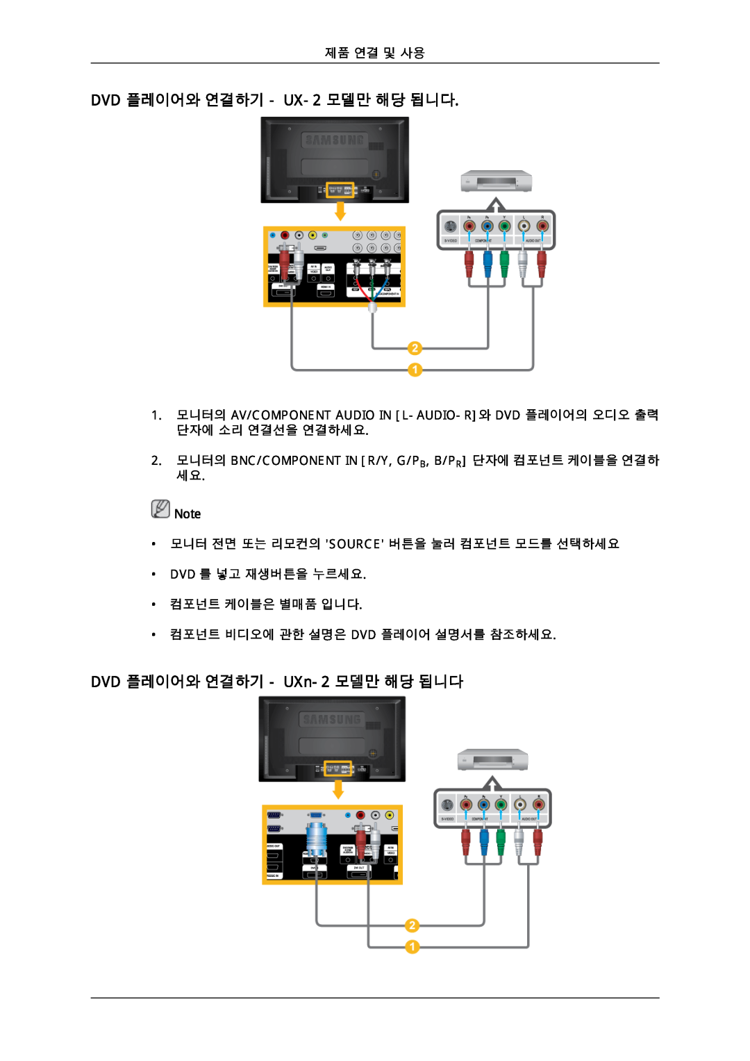 Samsung 725D quick start DVD 플레이어와 연결하기 - UX-2 모델만 해당 됩니다, DVD 플레이어와 연결하기 - UXn-2 모델만 해당 됩니다, 제품 연결 및 사용 