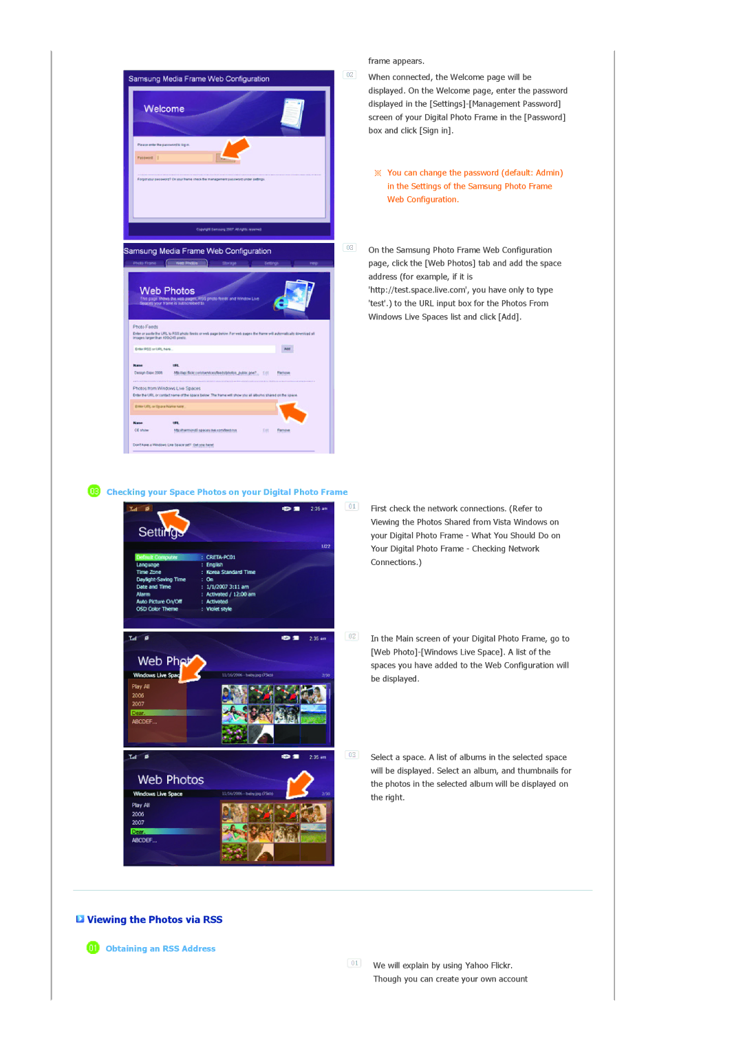 Samsung 72V Viewing the Photos via RSS, Checking your Space Photos on your Digital Photo Frame, Obtaining an RSS Address 