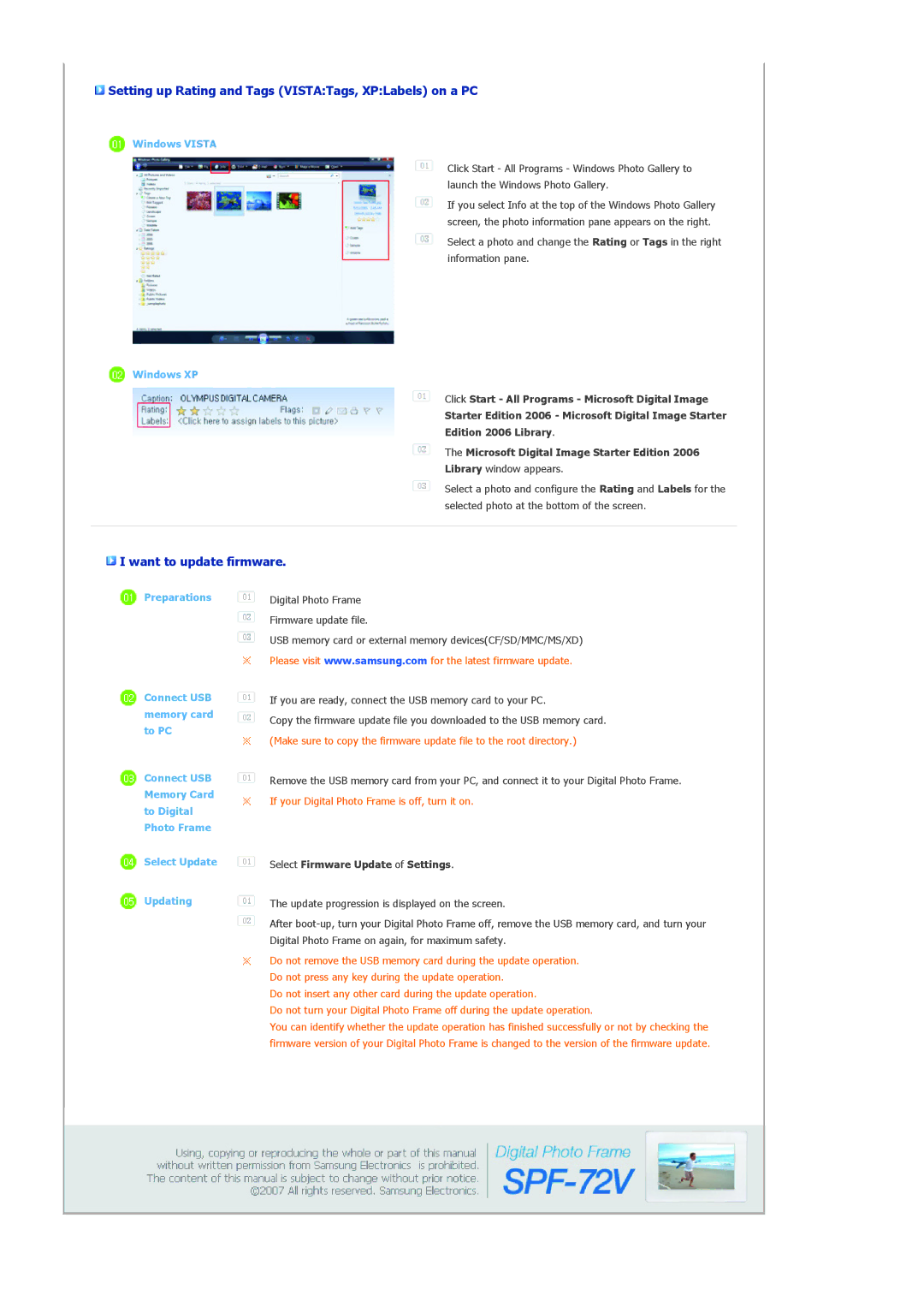 Samsung 72V Setting up Rating and Tags VISTATags, XPLabels on a PC, Want to update firmware, Windows XP, Preparations 