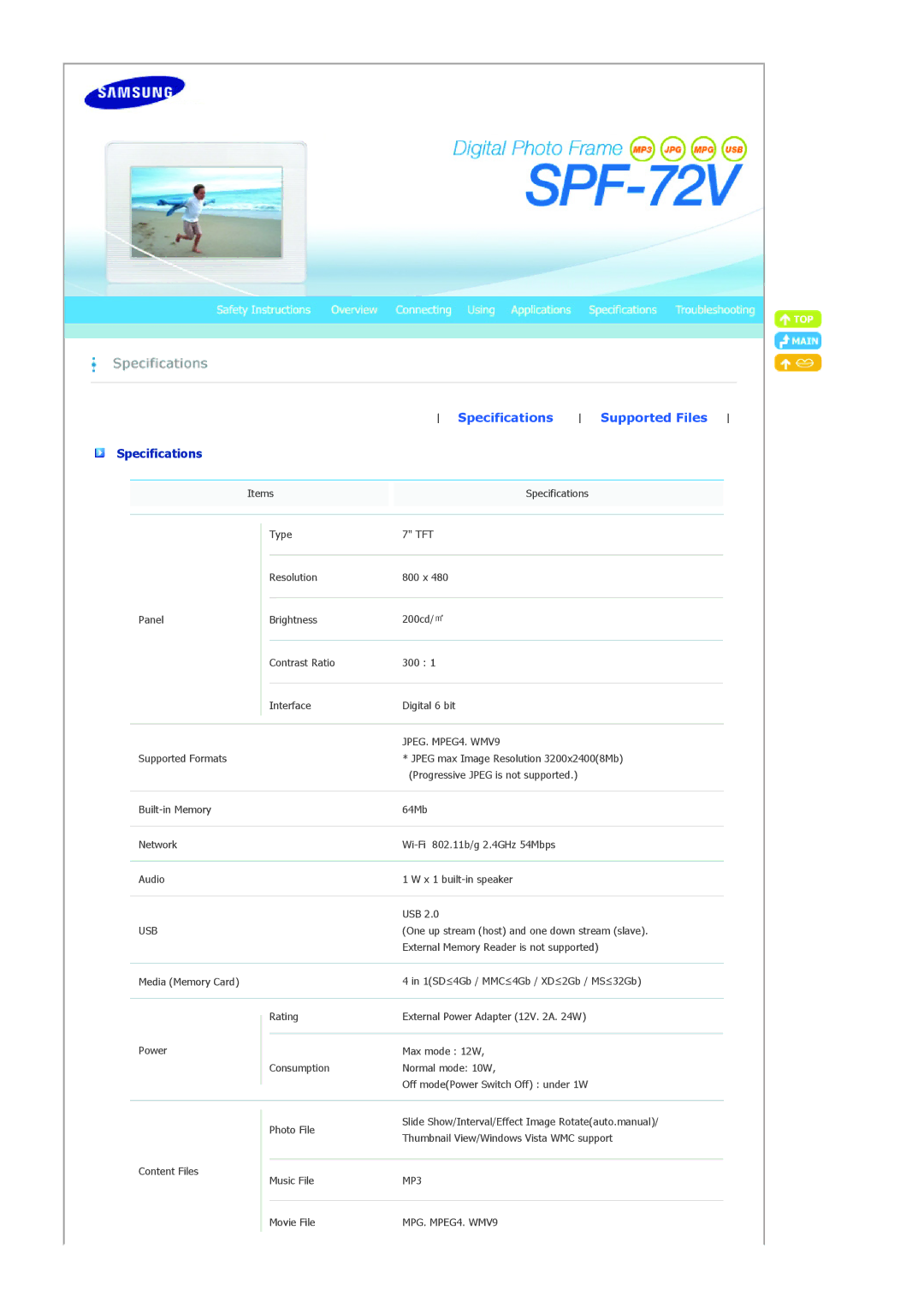 Samsung 72V manual Specifications Supported Files 