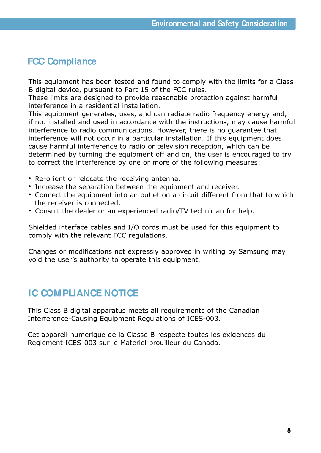 Samsung 7300N manual FCC Compliance, IC Compliance Notice 