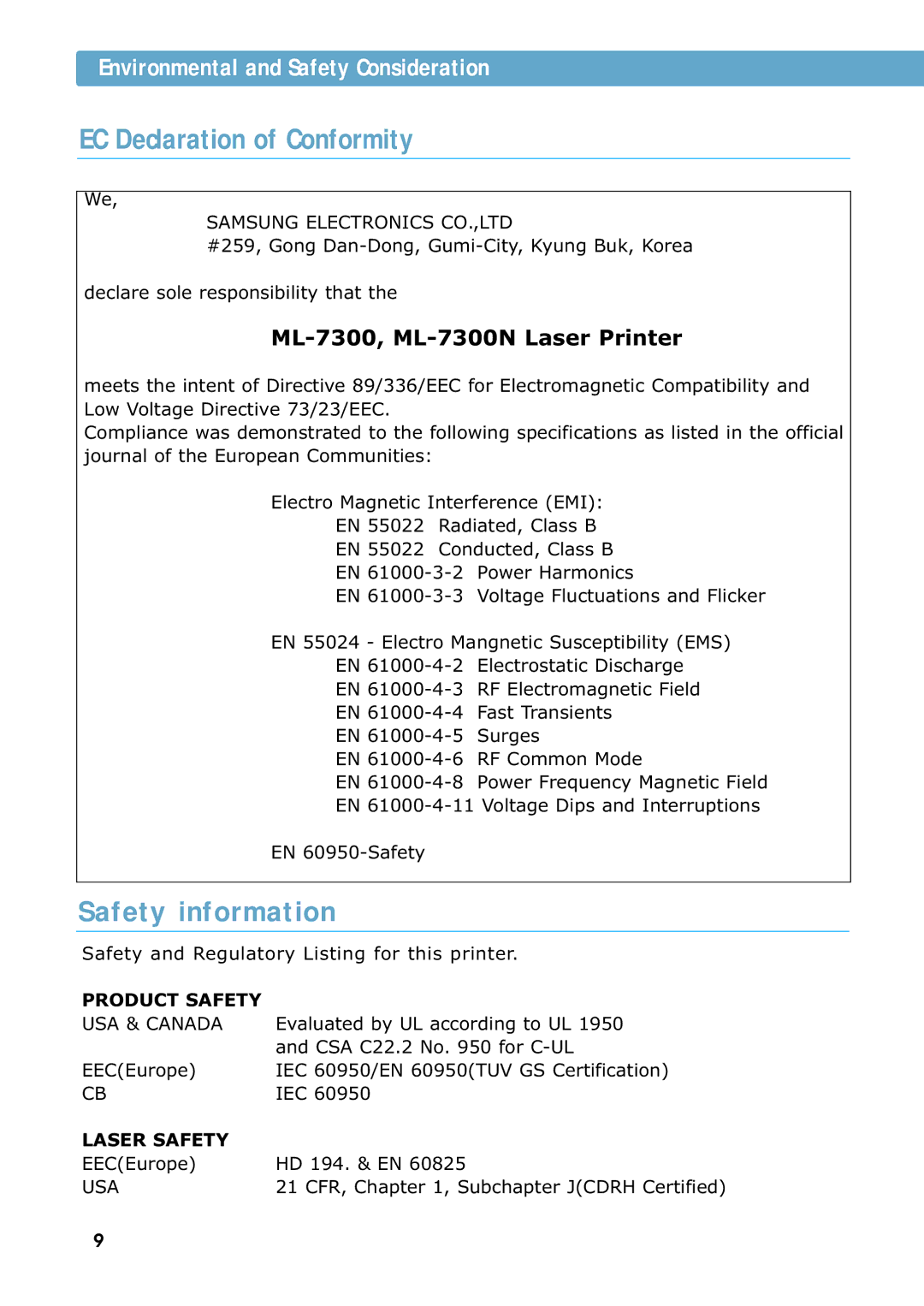 Samsung 7300N manual EC Declaration of Conformity, Safety information, Product Safety, Laser Safety 