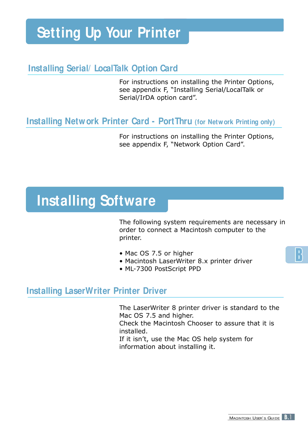 Samsung 7300N manual Setting Up Your Printer, Installing Software, Installing Serial/LocalTalk Option Card 