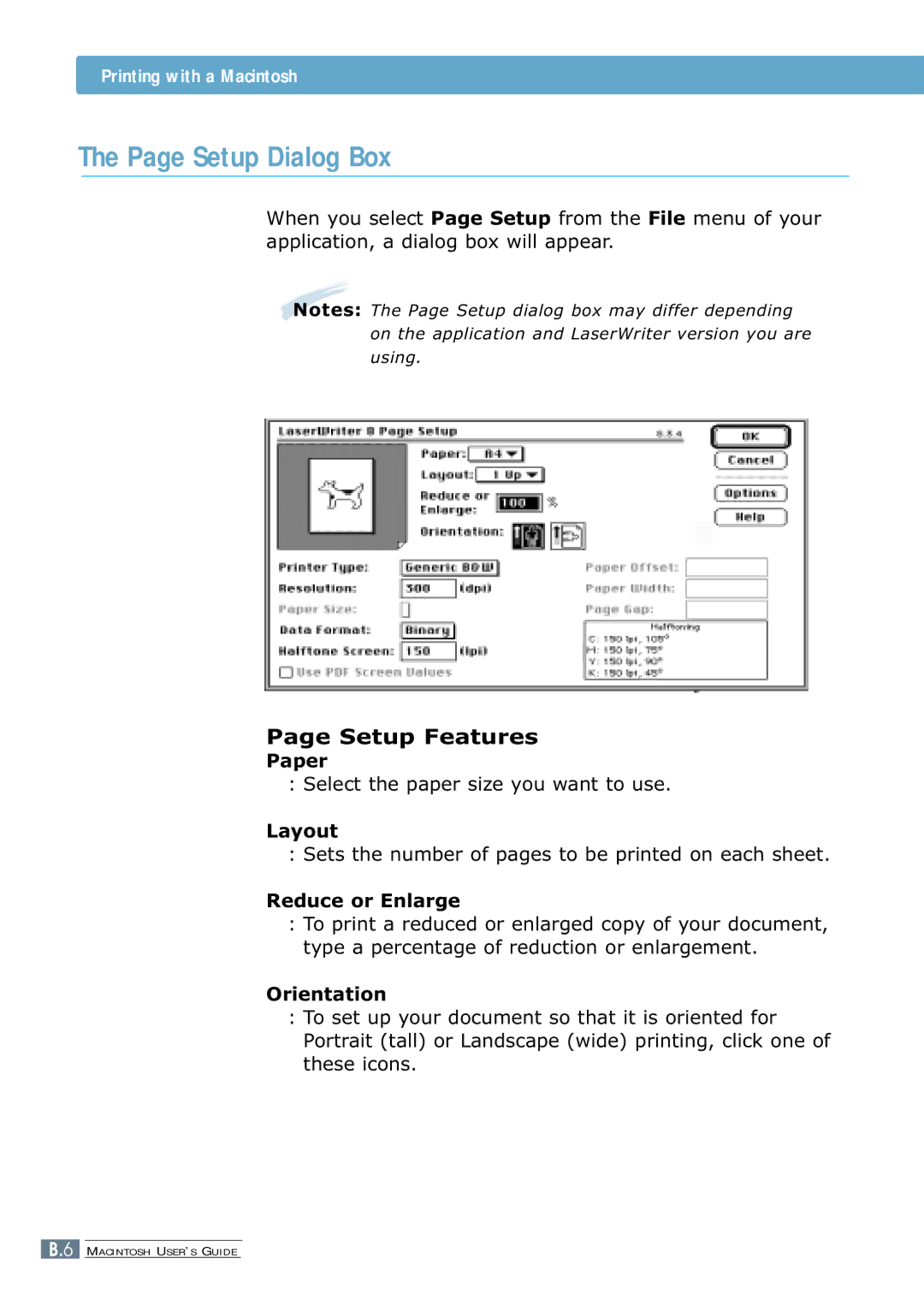 Samsung 7300N manual Setup Dialog Box, Paper, Layout, Reduce or Enlarge, Orientation 