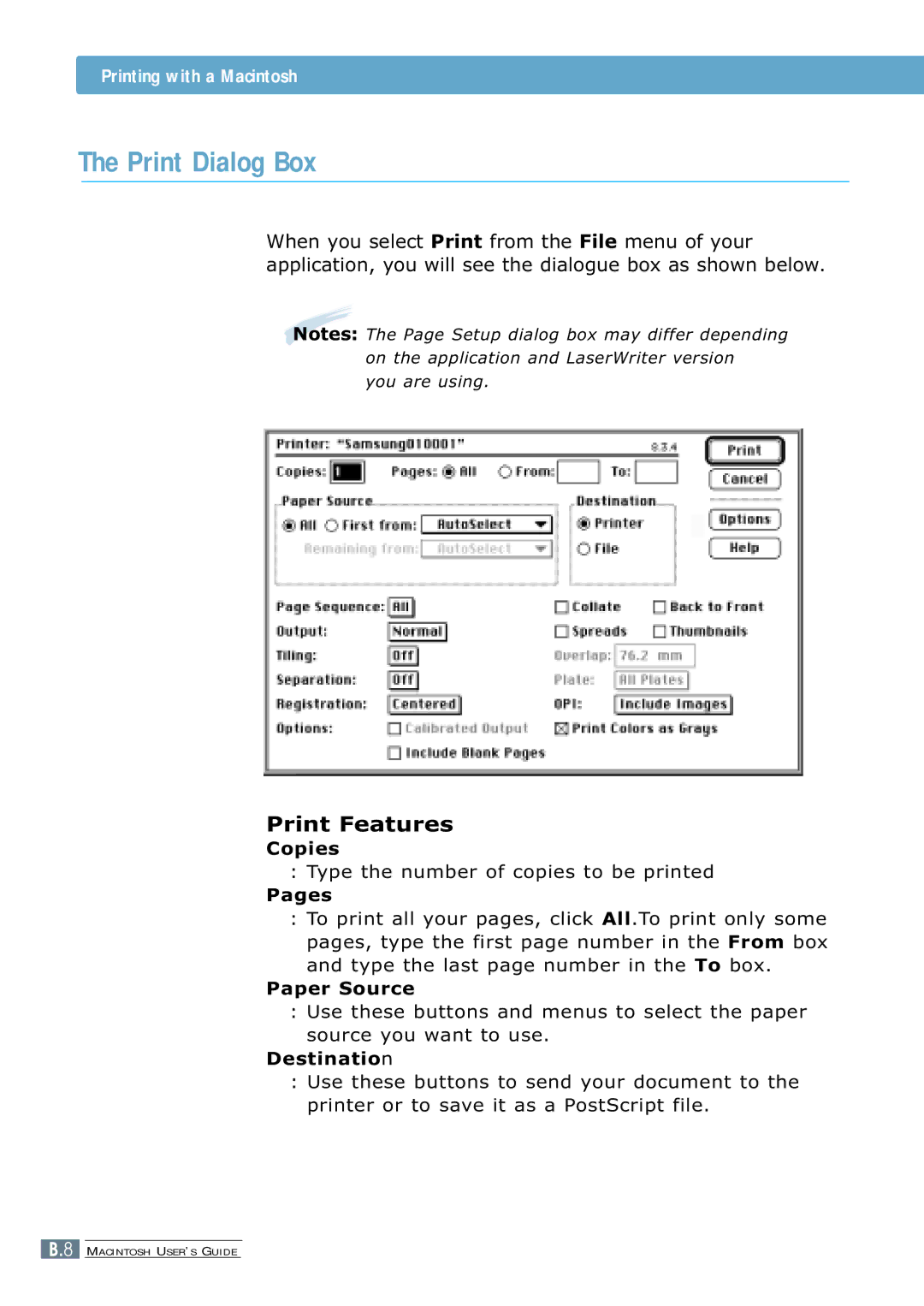 Samsung 7300N manual Print Dialog Box, Print Features 