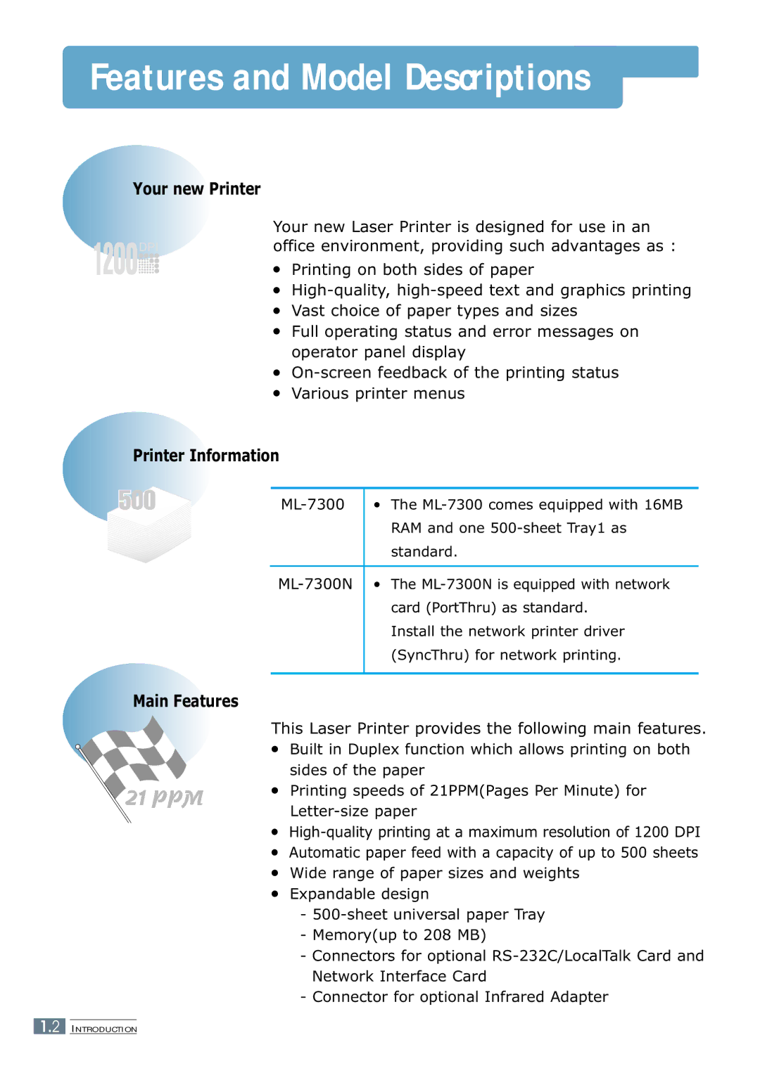 Samsung 7300N manual Features and Model Descriptions, Your new Printer, Printer Information, Main Features 