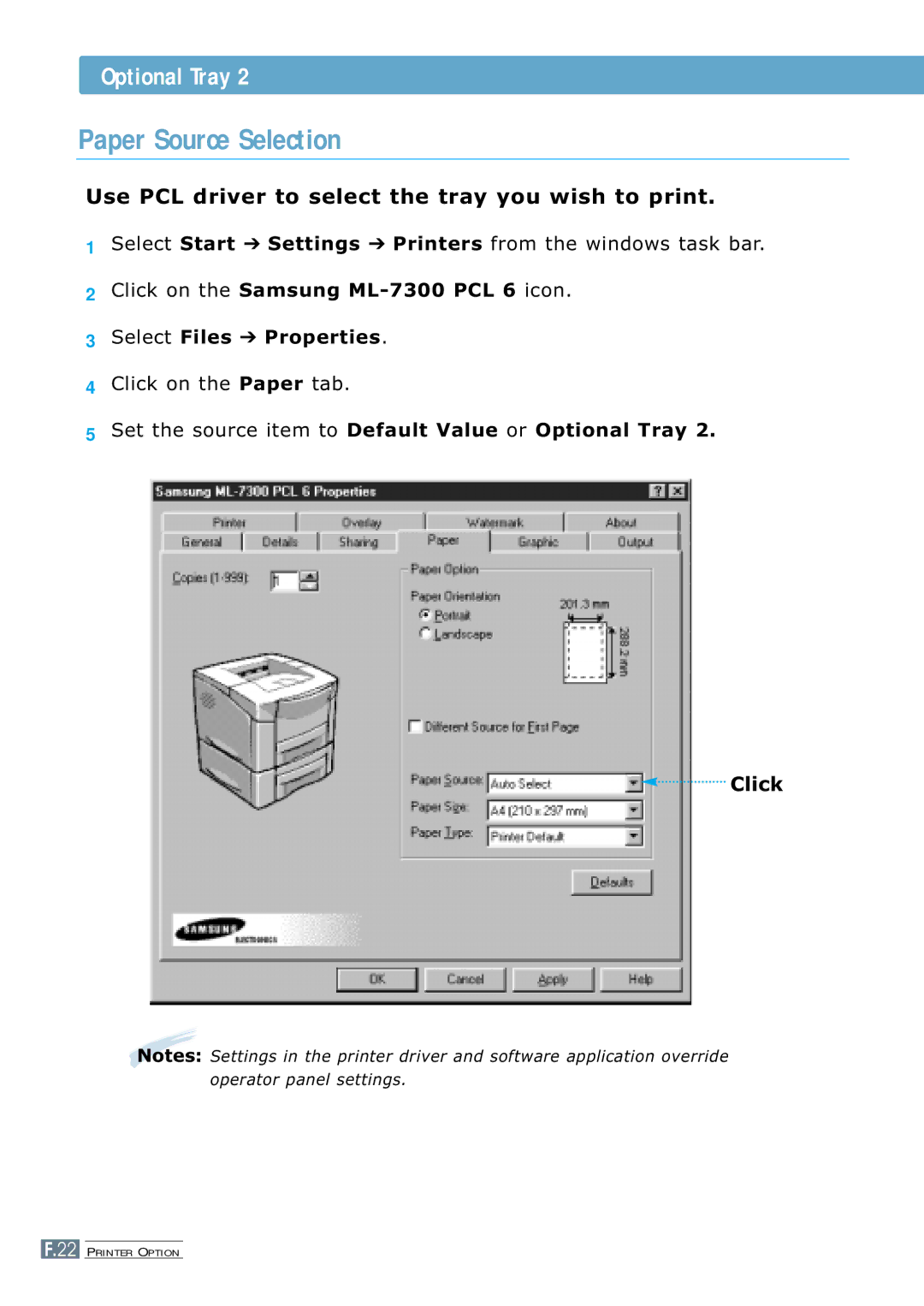 Samsung 7300N manual Paper Source Selection, Use PCL driver to select the tray you wish to print, Click 