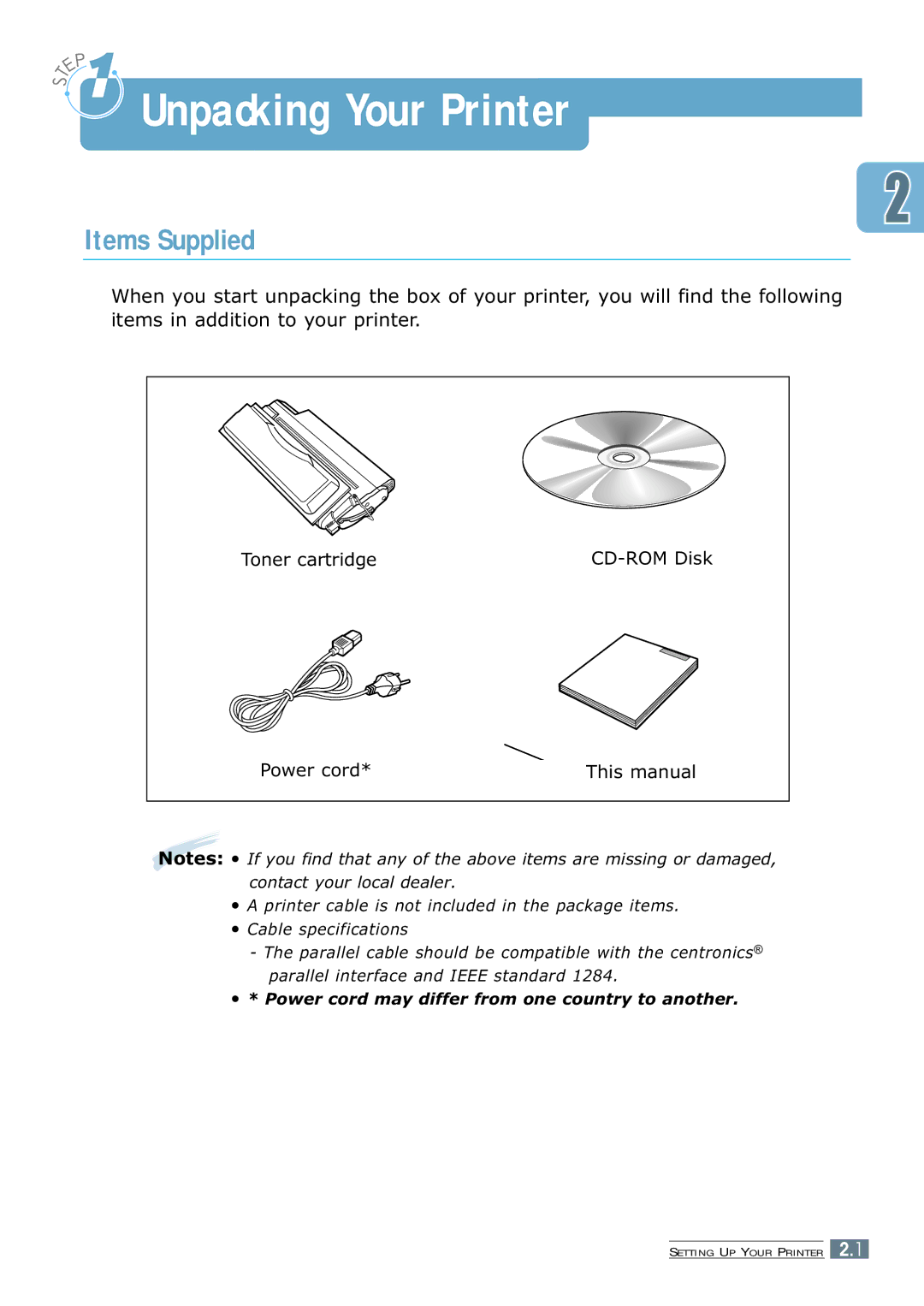 Samsung 7300N manual Unpacking Your Printer, Items Supplied 