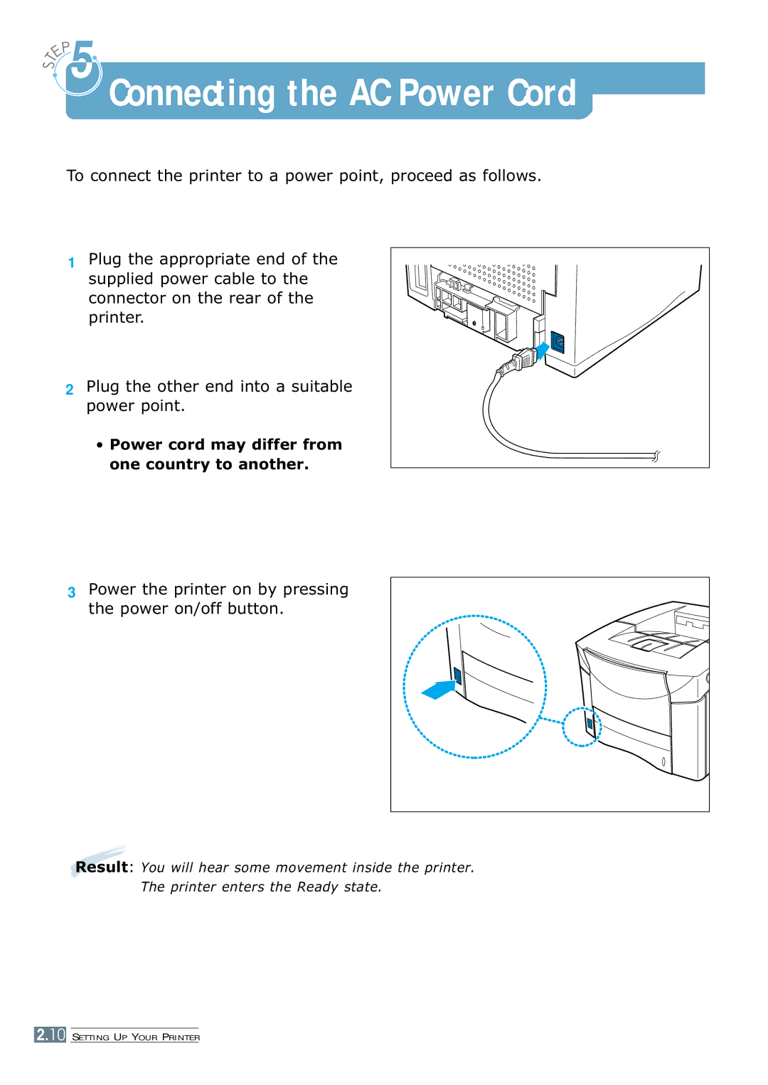 Samsung 7300N manual Connecting the AC Power Cord, Power the printer on by pressing the power on/off button 