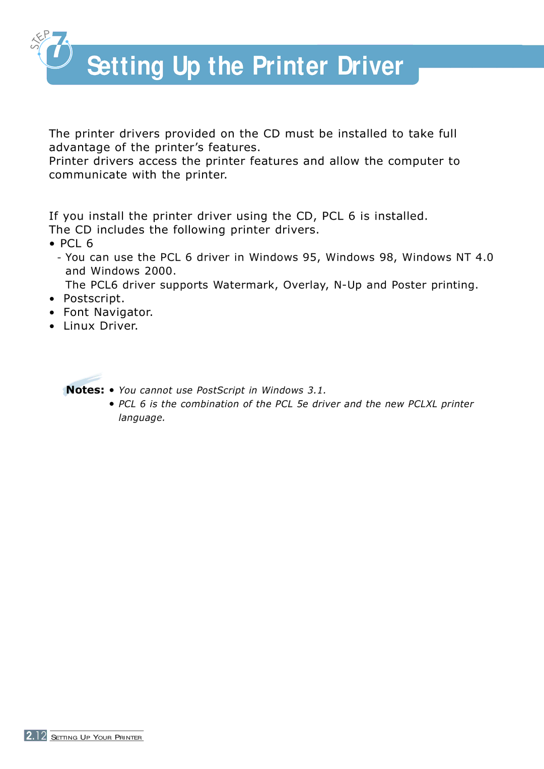 Samsung 7300N manual Setting Up the Printer Driver, Postscript Font Navigator Linux Driver 