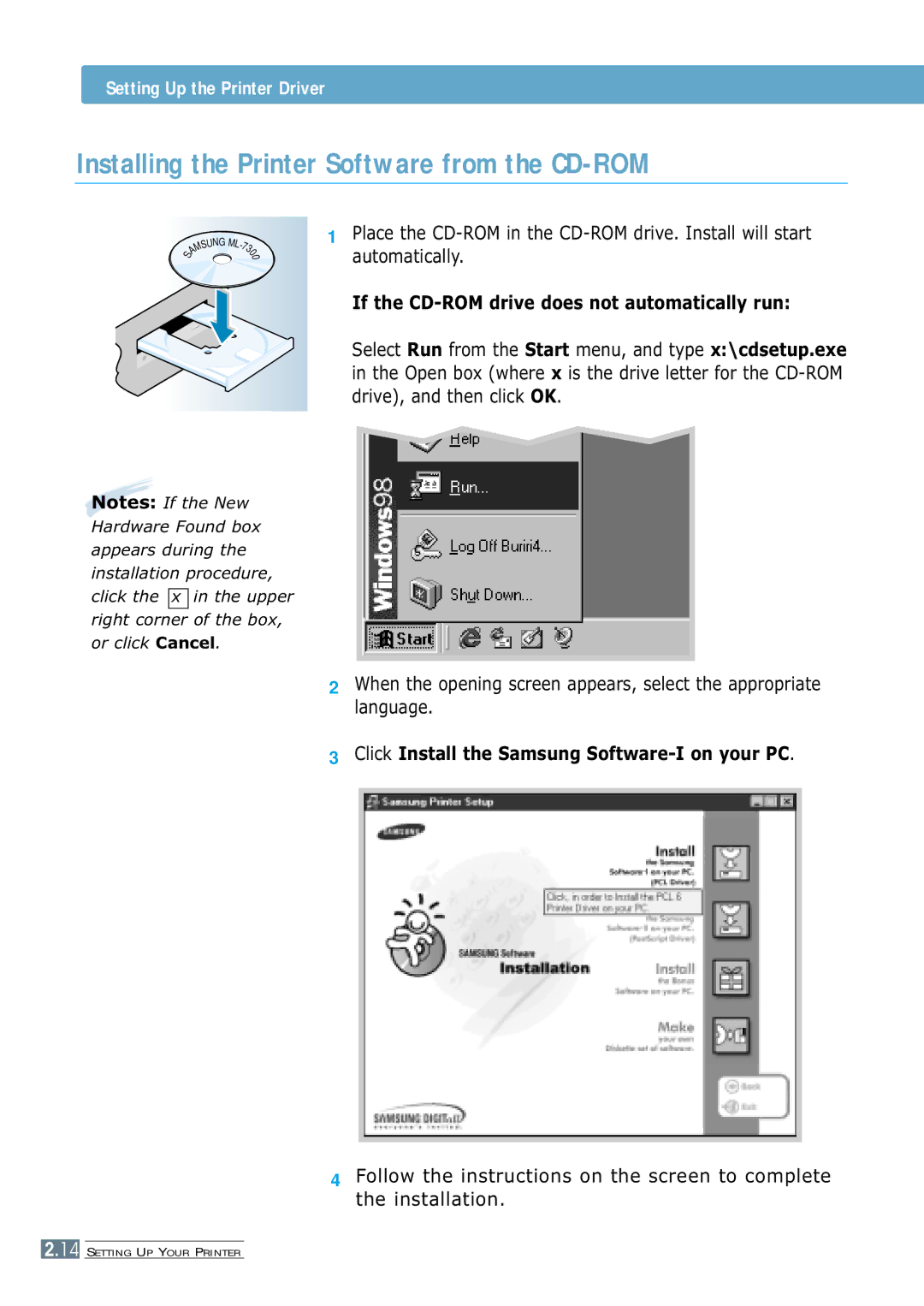 Samsung 7300N manual Installing the Printer Software from the CD-ROM, If the CD-ROM drive does not automatically run 