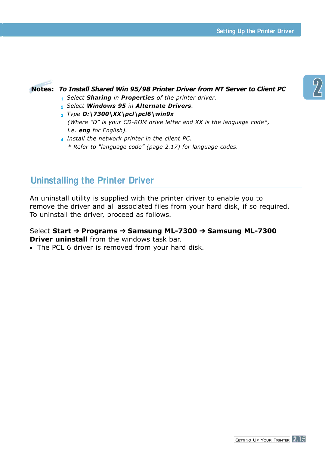 Samsung 7300N manual Uninstalling the Printer Driver 