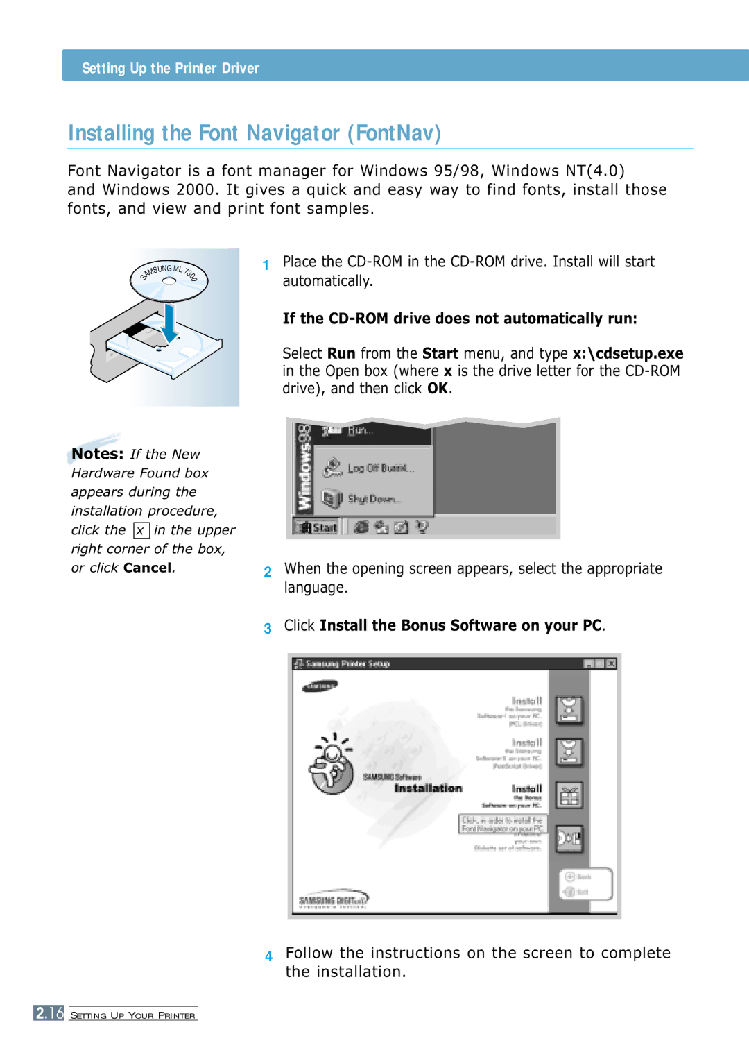 Samsung 7300N manual Installing the Font Navigator FontNav, Click Install the Bonus Software on your PC 