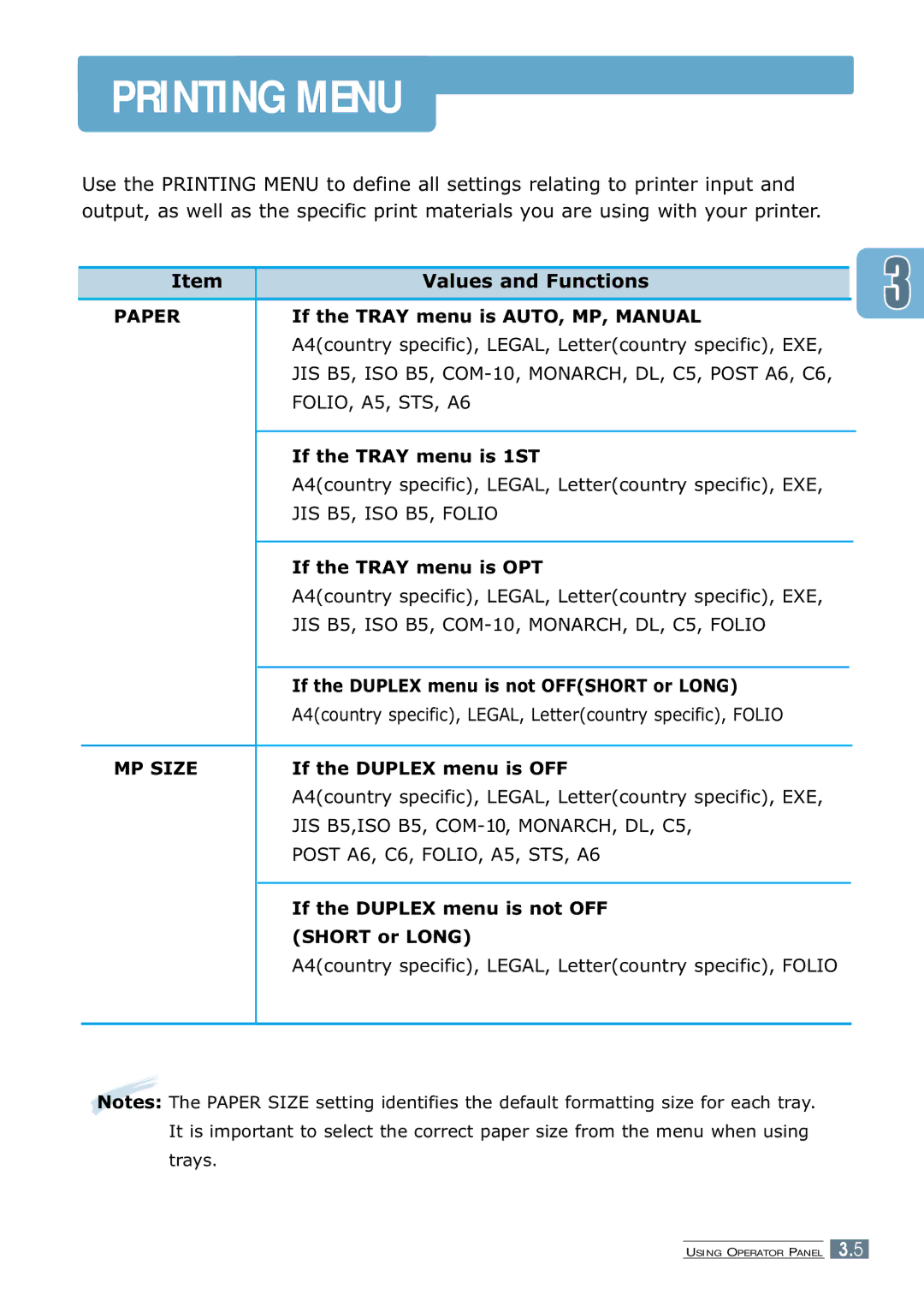 Samsung 7300N manual Values and Functions, Paper, MP Size 