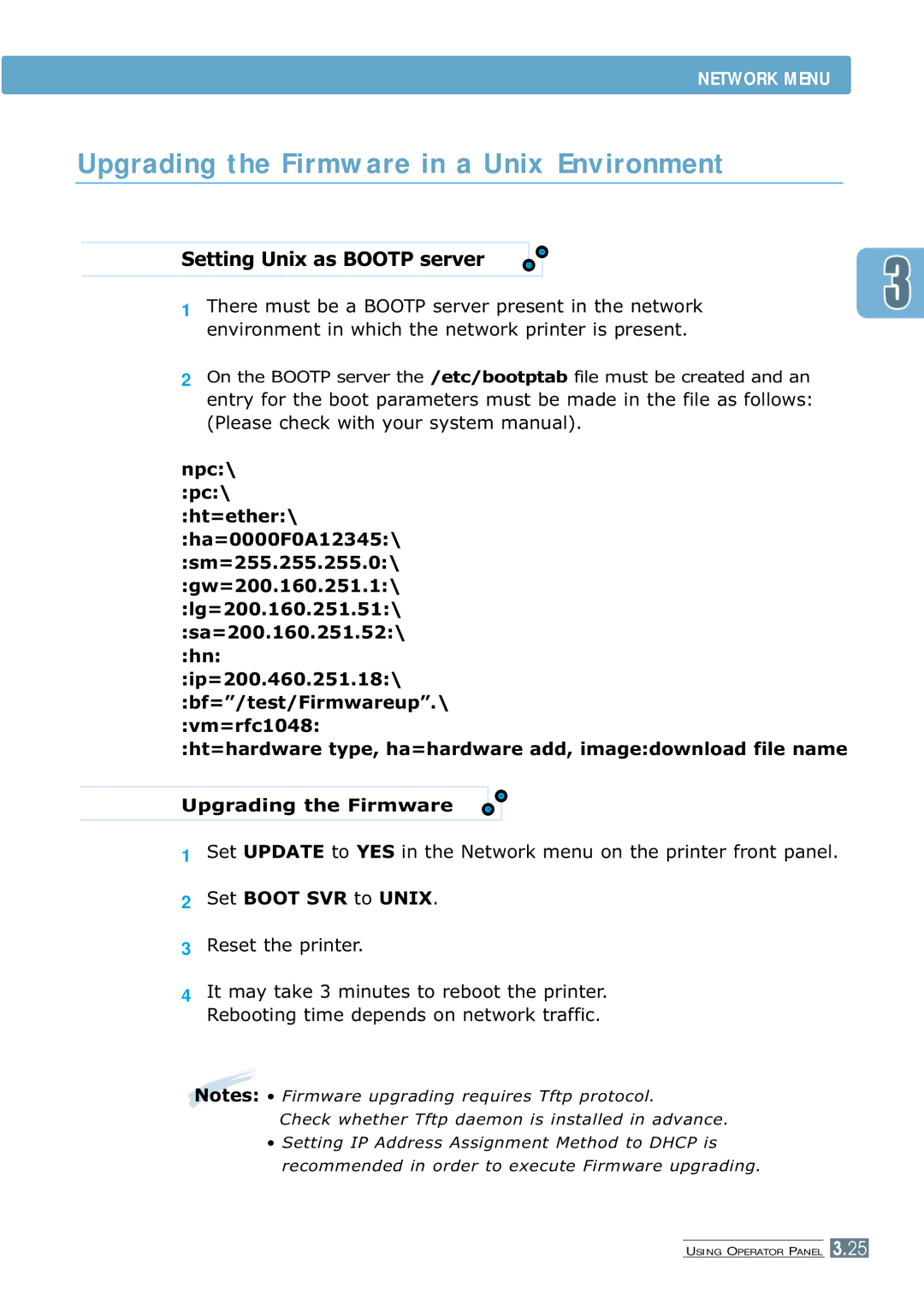 Samsung 7300N manual Upgrading the Firmware in a Unix Environment, Setting Unix as Bootp server 