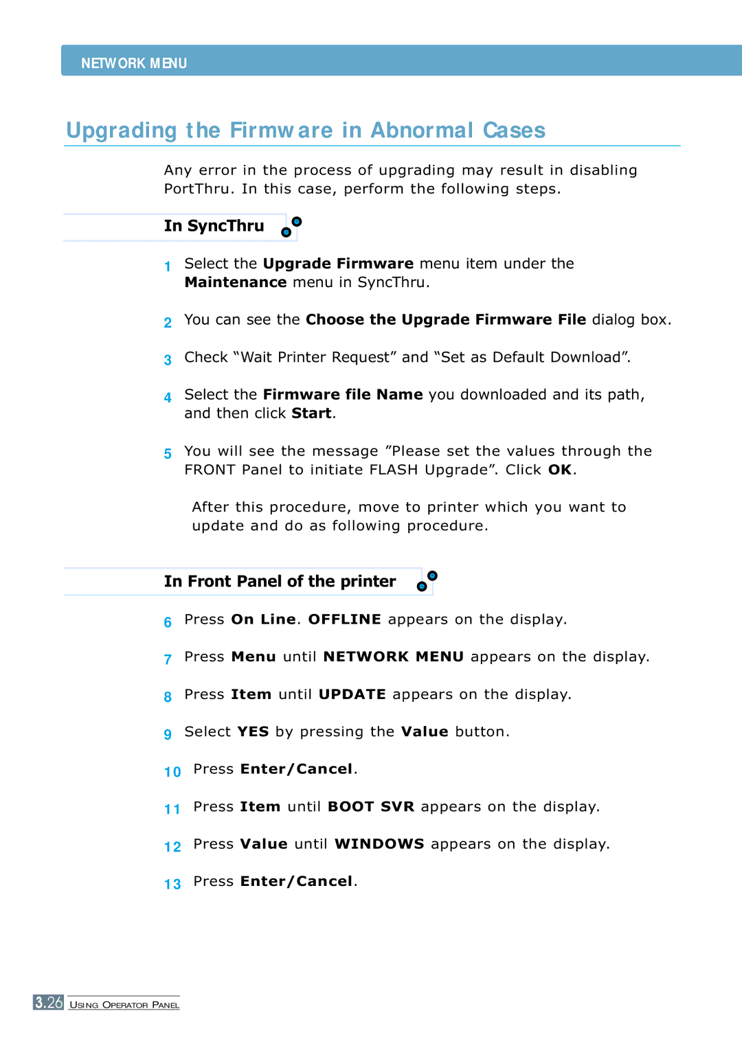 Samsung 7300N manual Upgrading the Firmware in Abnormal Cases, SyncThru, Front Panel of the printer 