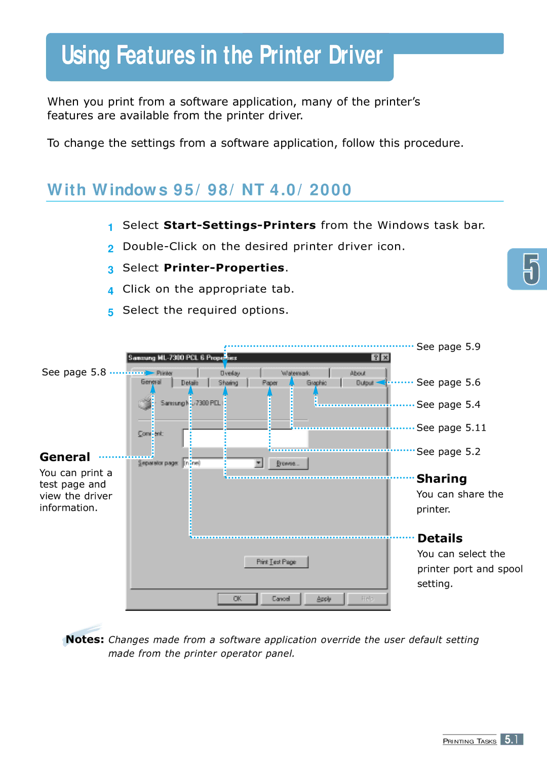 Samsung 7300N manual Using Features in the Printer Driver, With Windows 95/98/NT 4.0/2000, Sharing, Details 