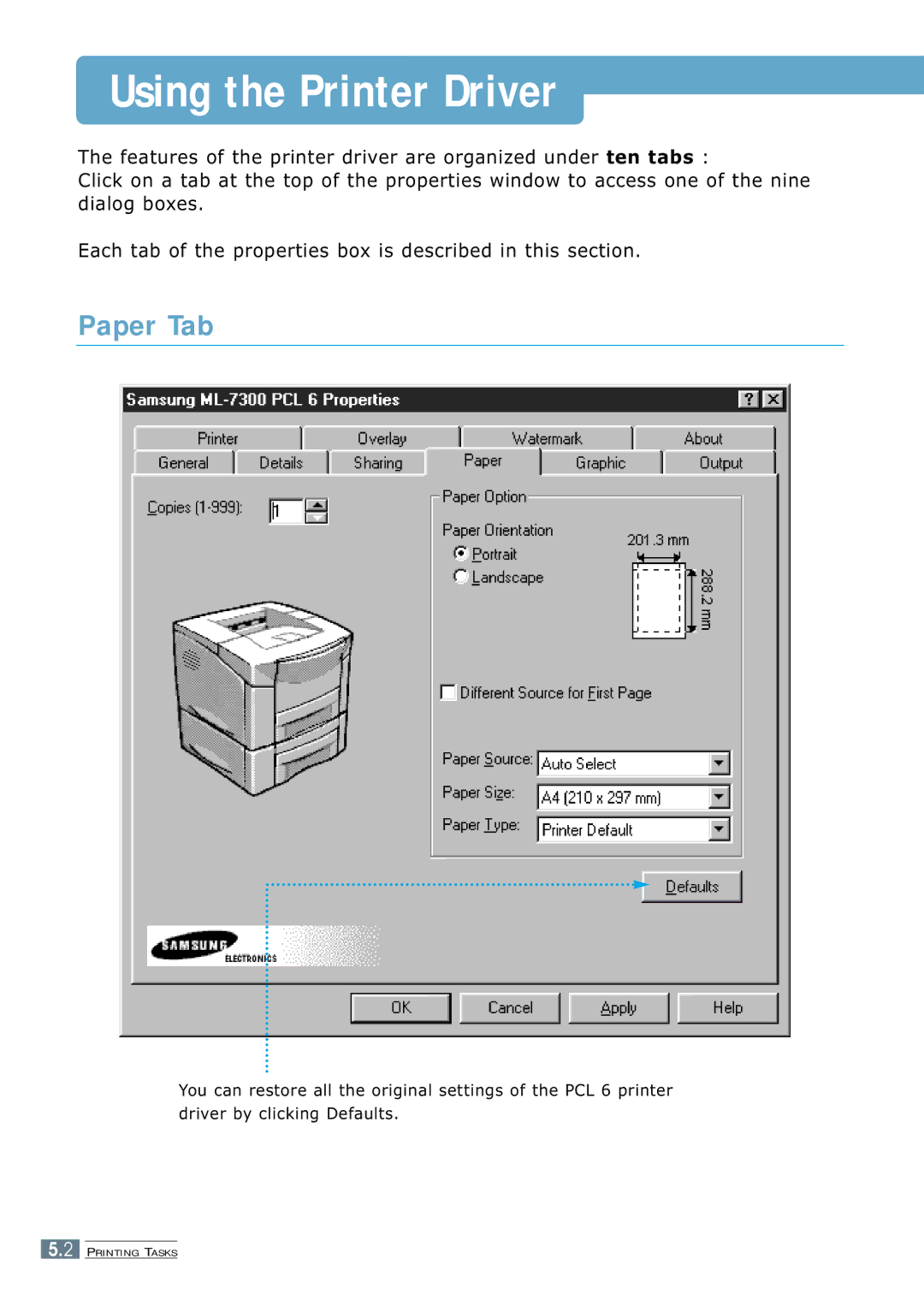 Samsung 7300N manual Using the Printer Driver, Paper Tab 