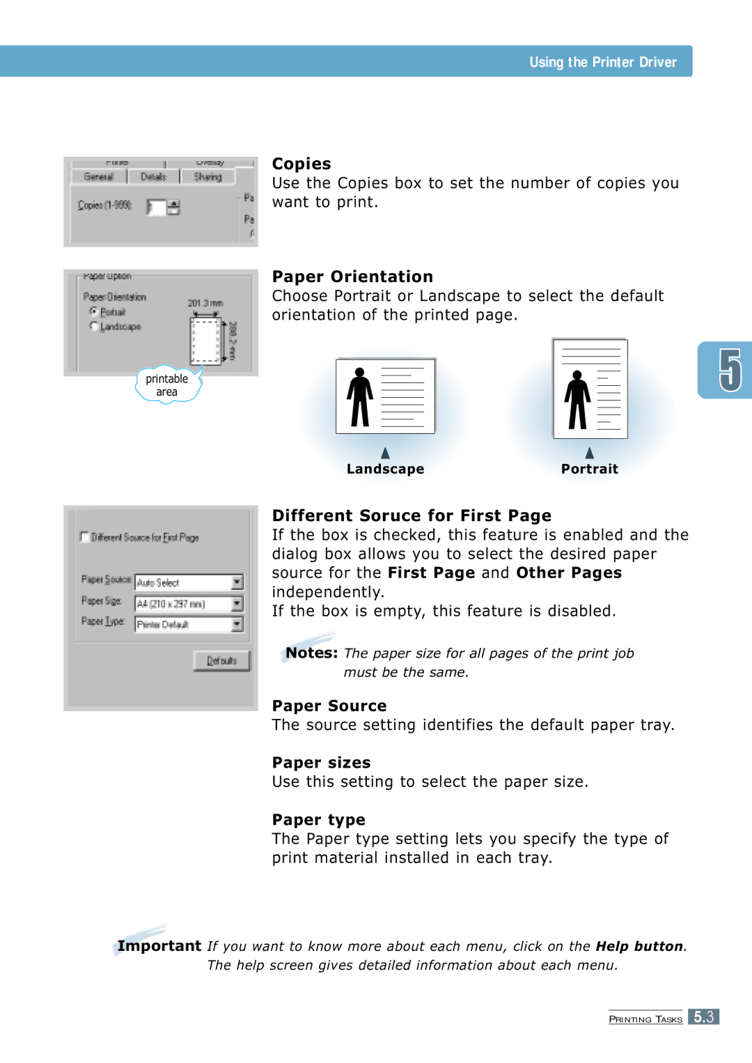 Samsung 7300N manual Copies, Paper Orientation, Different Soruce for First 