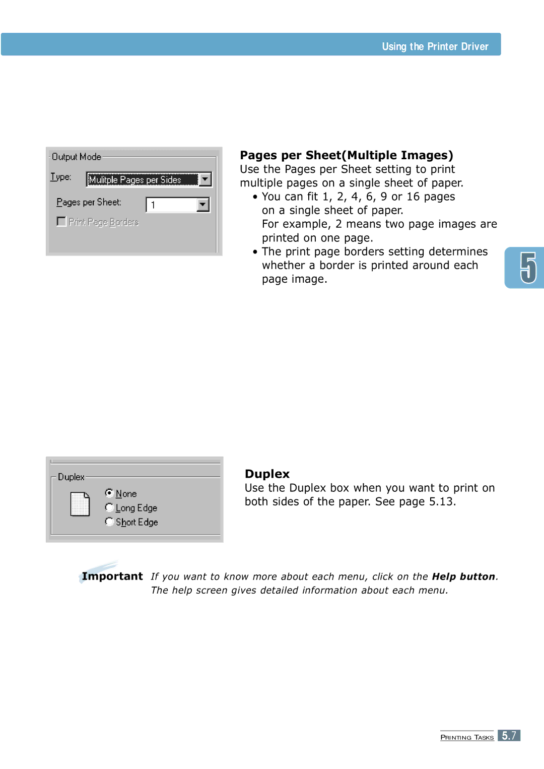 Samsung 7300N manual Pages per SheetMultiple Images, Duplex 