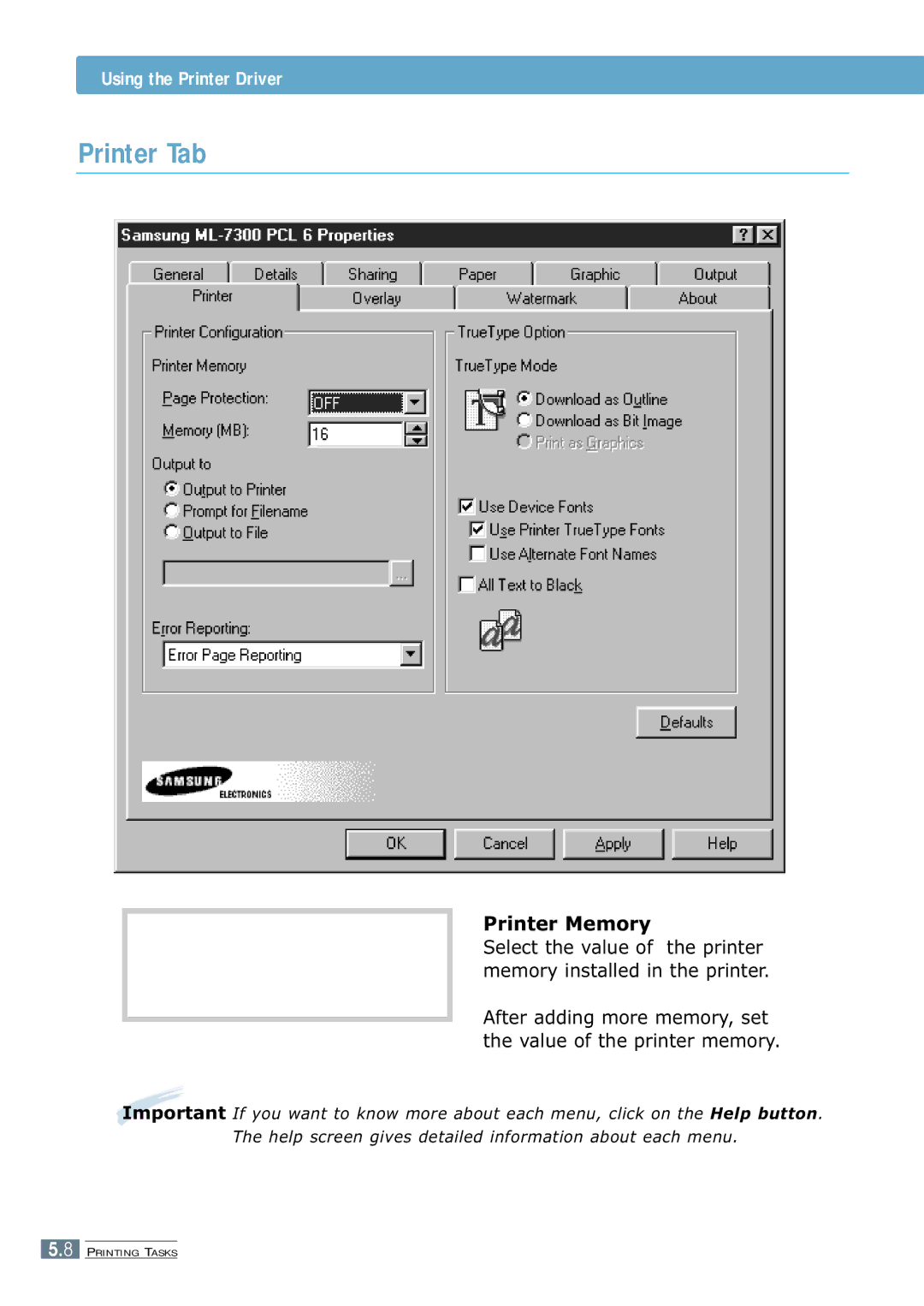 Samsung 7300N manual Printer Tab, Printer Memory 