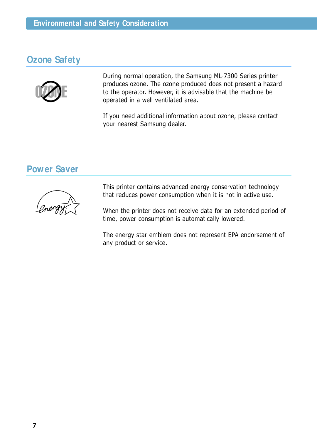 Samsung 7300N manual Ozone Safety, Power Saver 