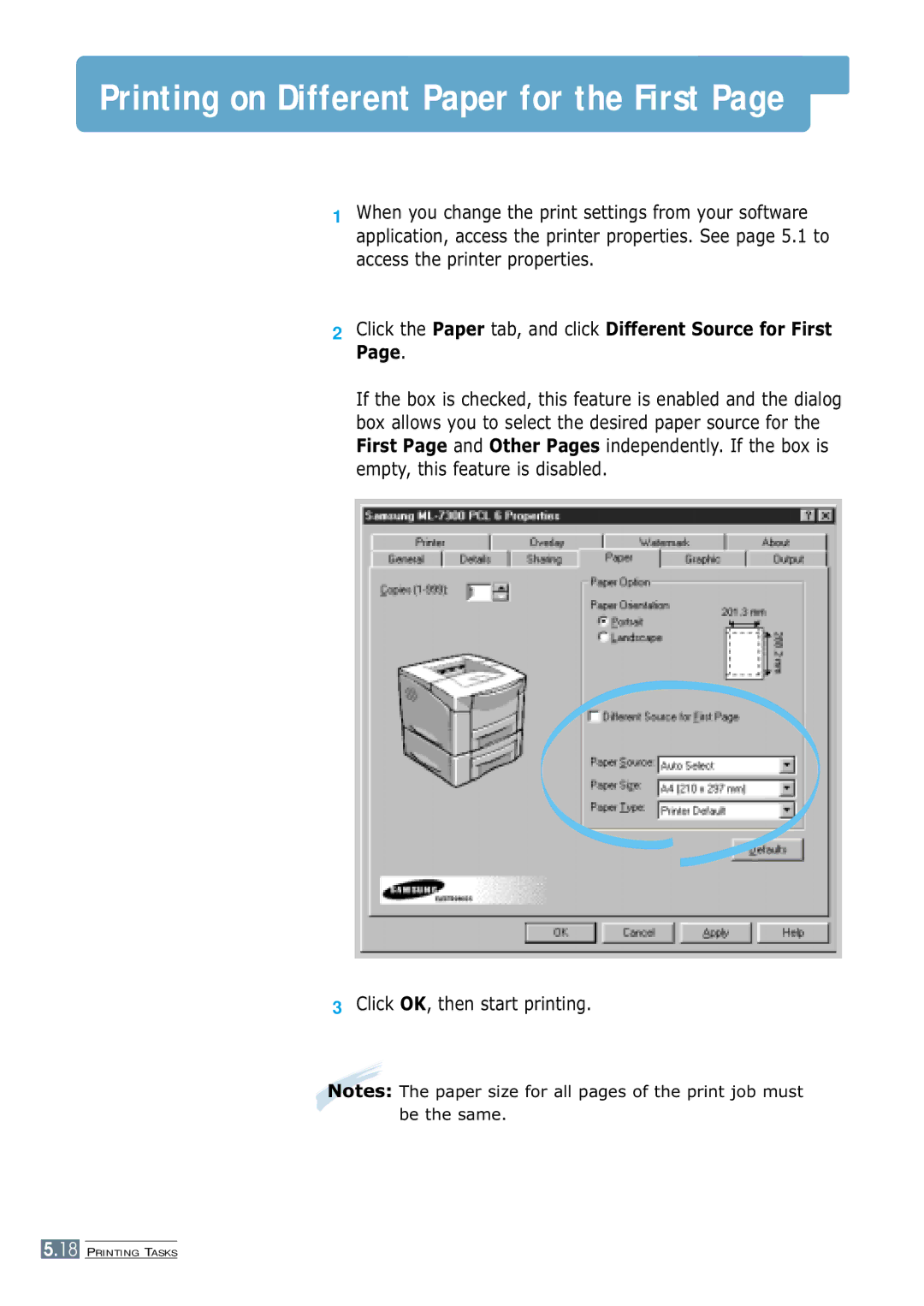 Samsung 7300N manual Printing on Different Paper for the First 