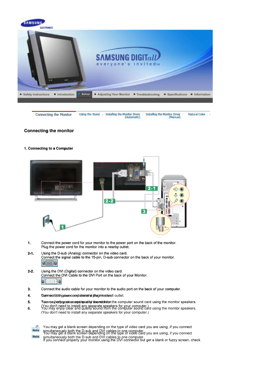 Samsung 730MP manual Connecting the monitor 