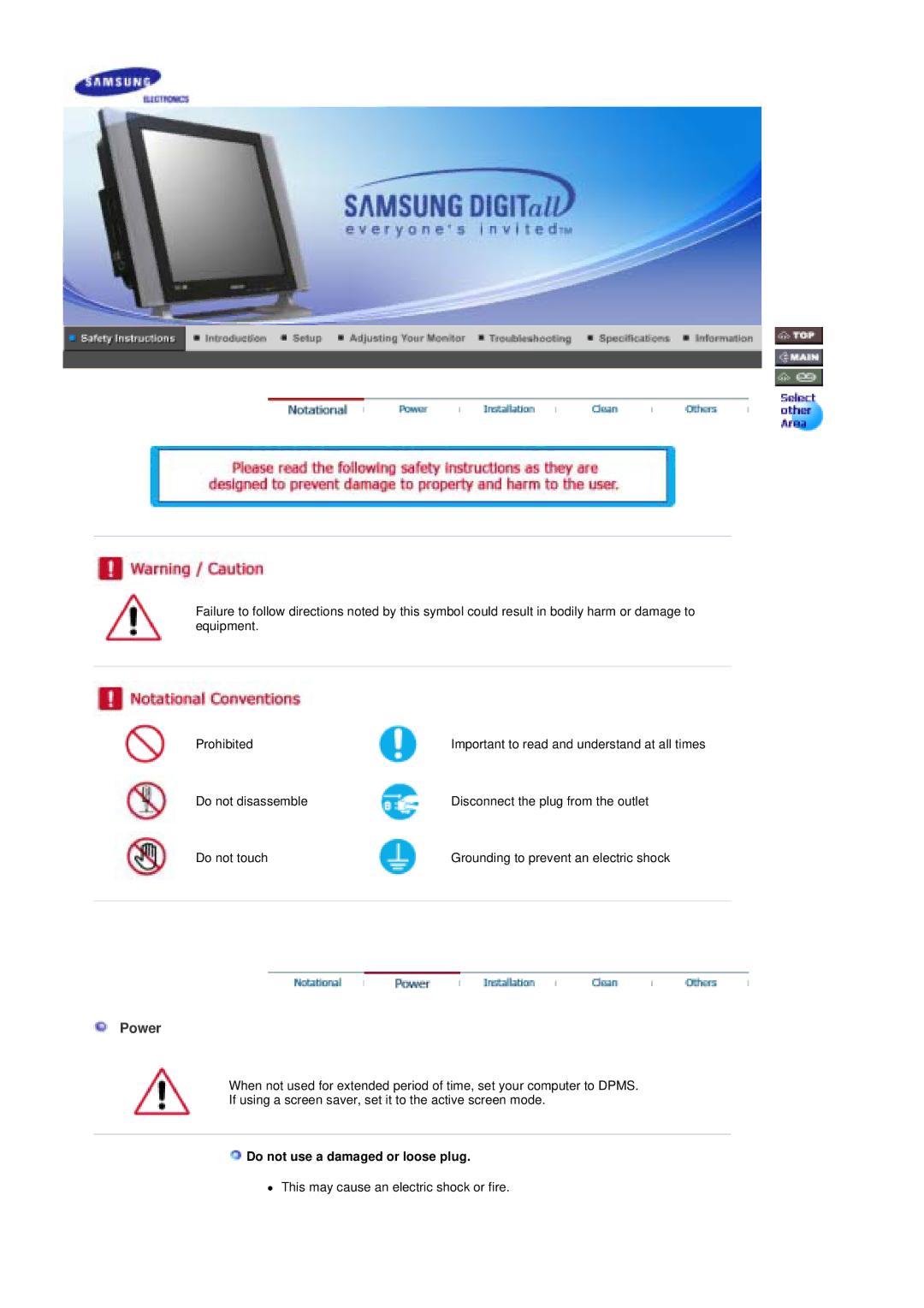 Samsung 730MP manual Power, Do not use a damaged or loose plug 