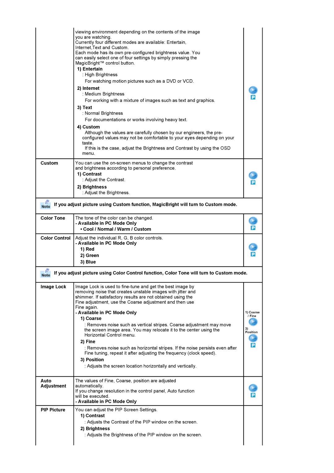 Samsung 730MP manual Brightness according to personal preference, Adjust the Contrast, Adjust the Brightness 