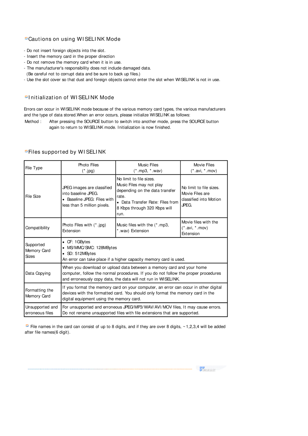 Samsung 730MP manual Initialization of Wiselink Mode 