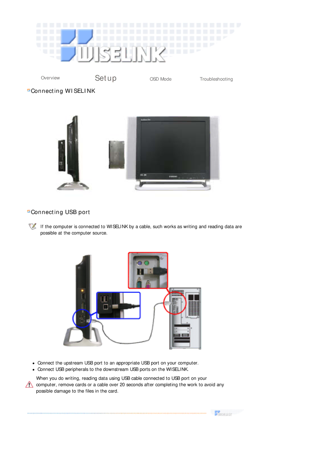 Samsung 730MP manual Connecting Wiselink Connecting USB port 