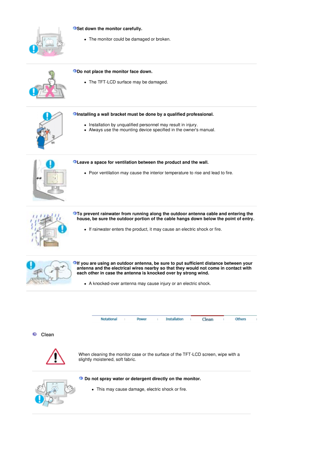 Samsung 730MP manual Clean, Set down the monitor carefully, Do not place the monitor face down 