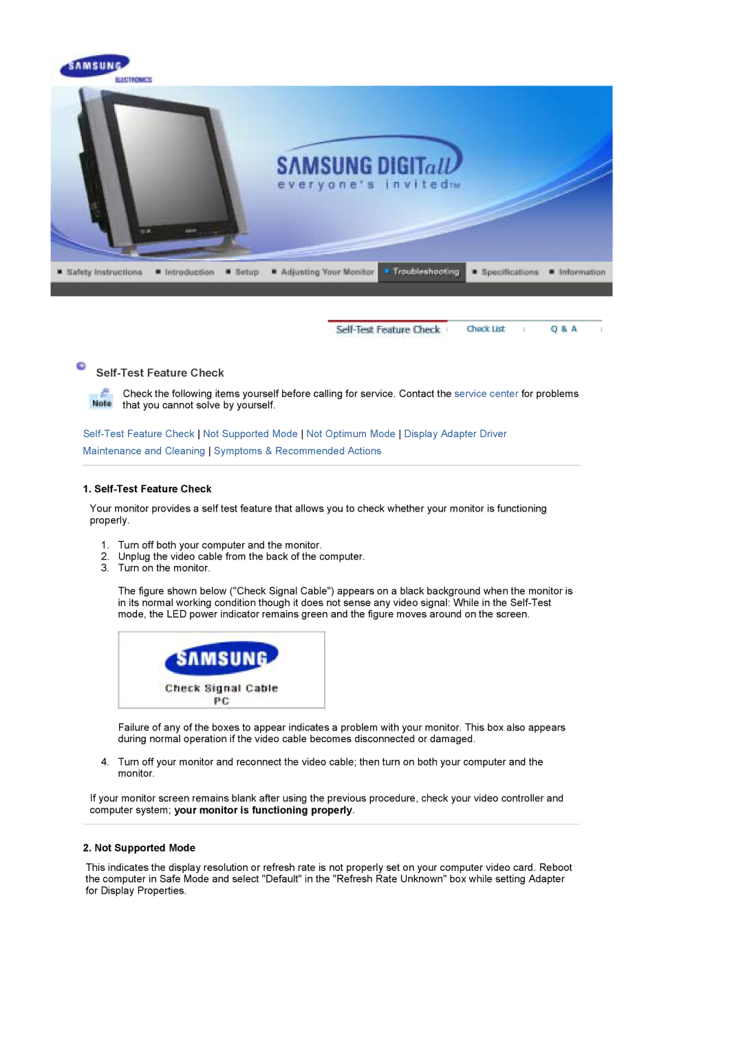 Samsung 730MP manual Self-Test Feature Check, Not Supported Mode 