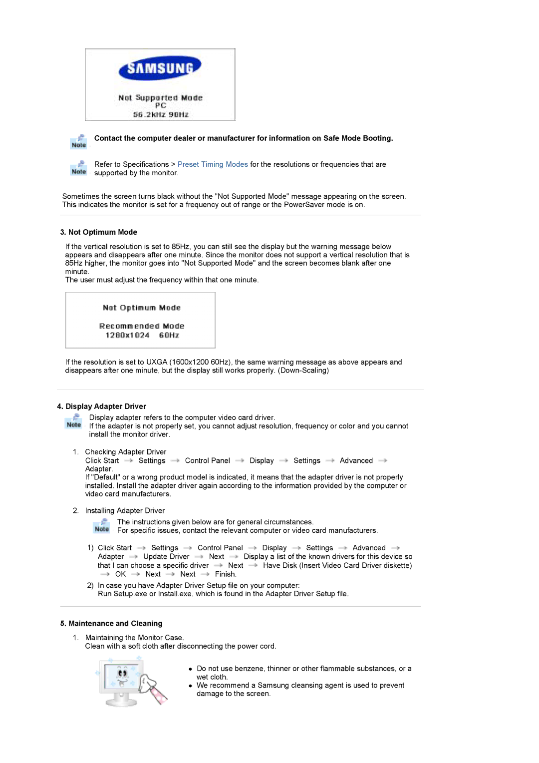 Samsung 730MP manual Display Adapter Driver, Maintenance and Cleaning 