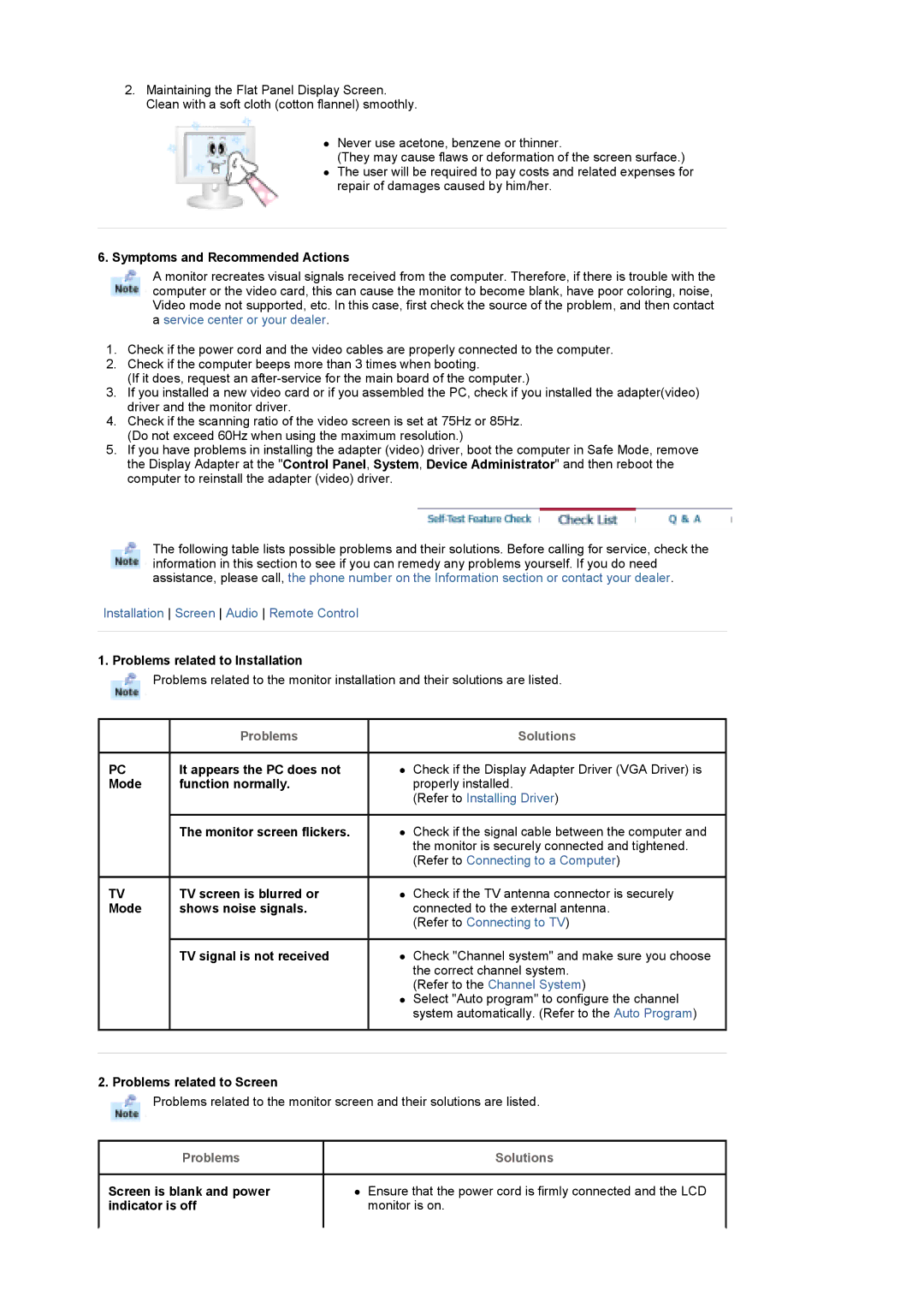 Samsung 730MP Symptoms and Recommended Actions, Problems related to Installation, Function normally, Is blurred or shows 