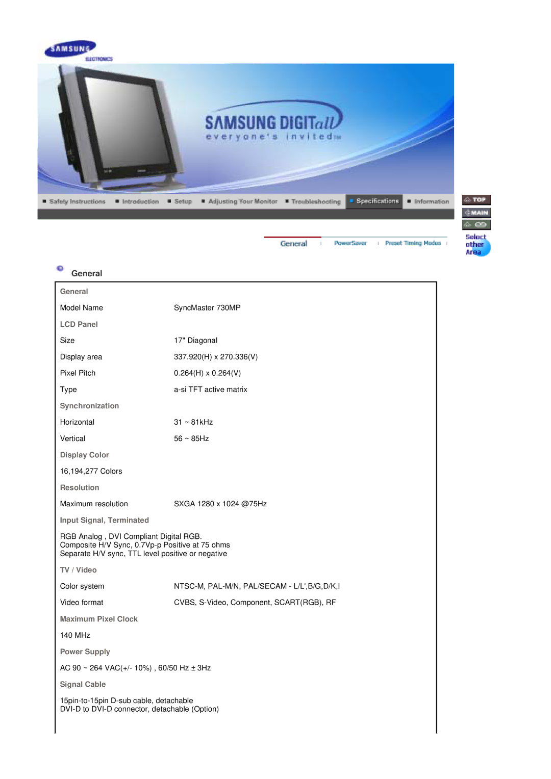 Samsung 730MP manual General, Input Signal, Terminated 