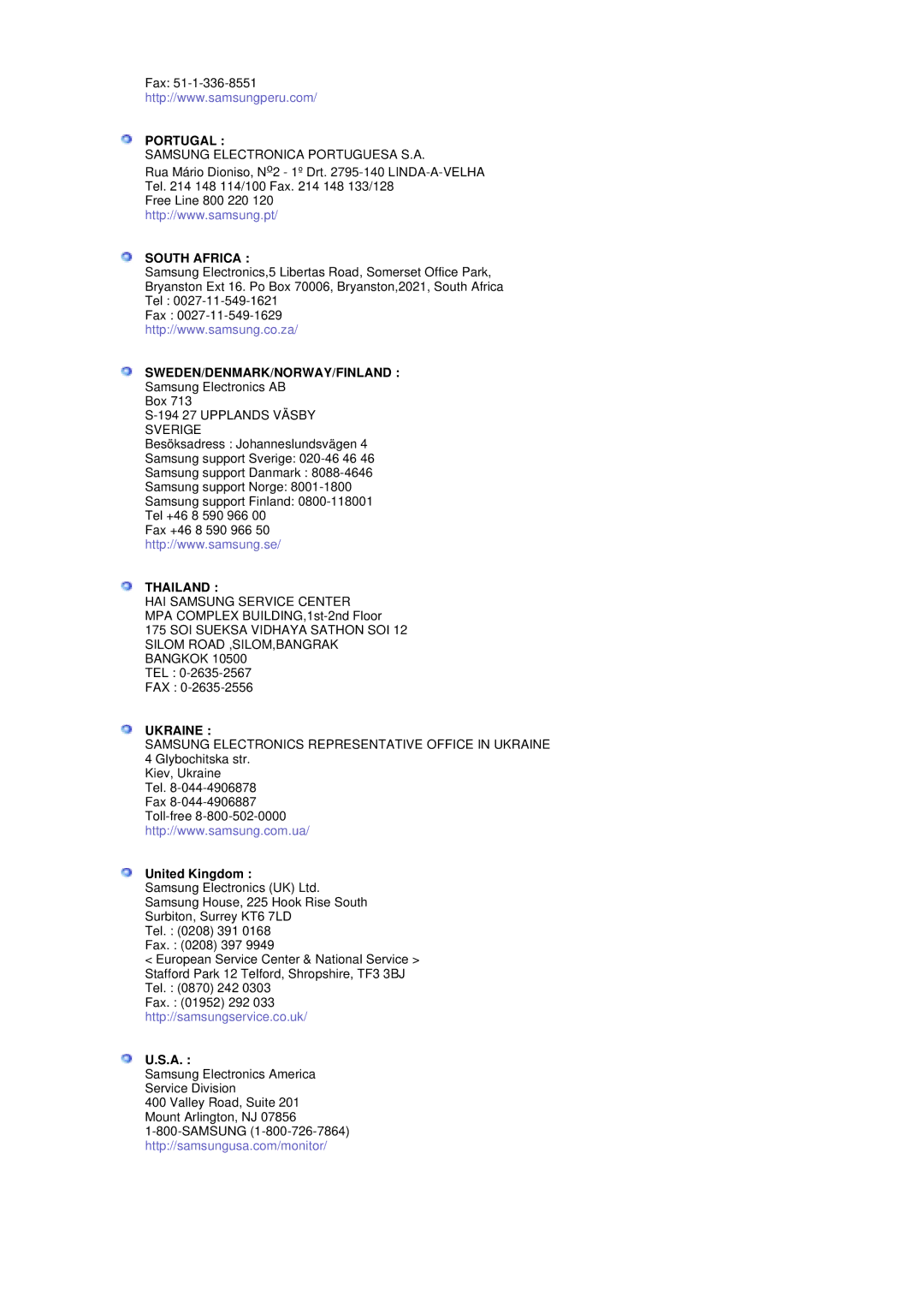 Samsung 730MP manual Portugal, South Africa, Sweden/Denmark/Norway/Finland, Thailand, Ukraine 