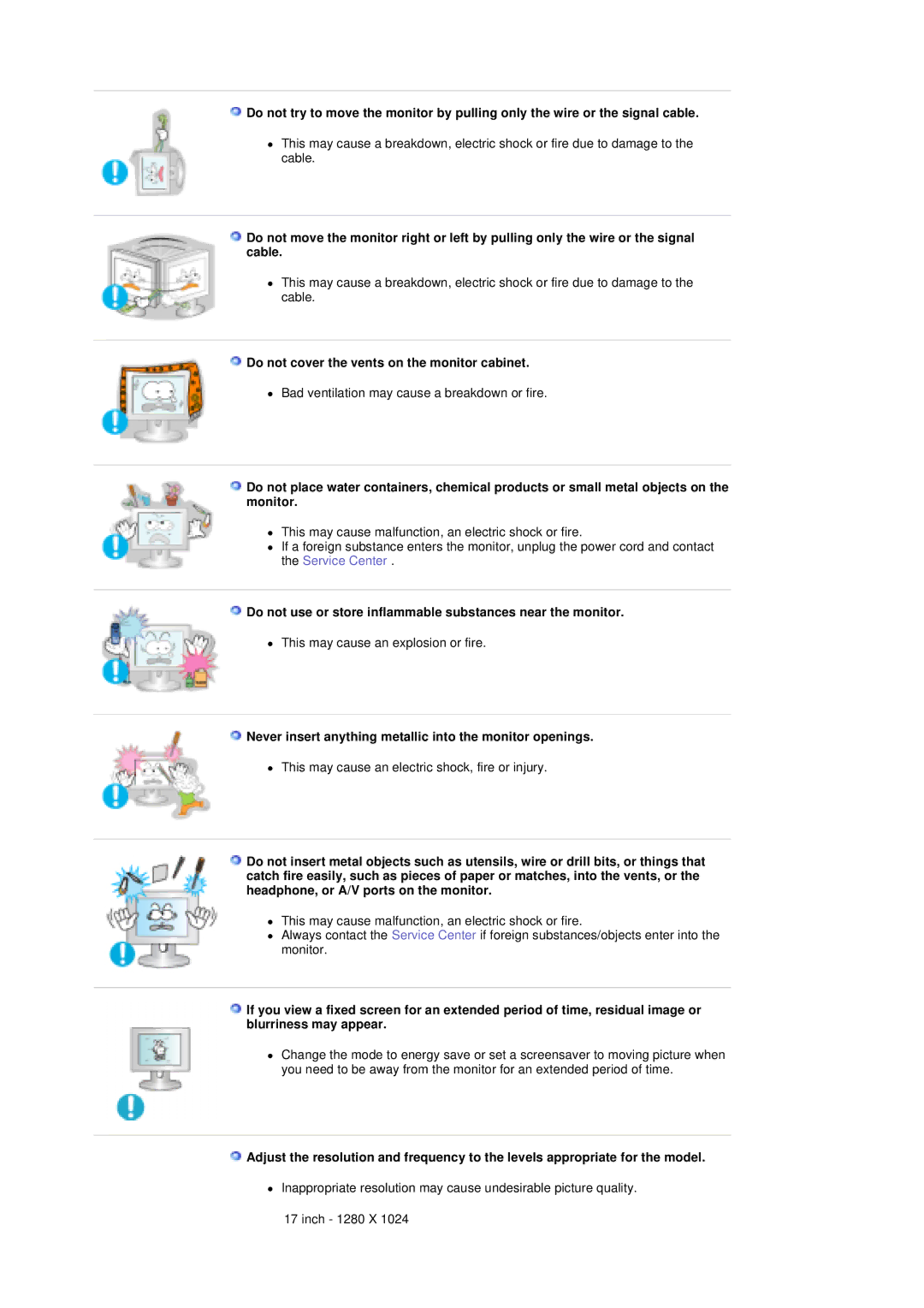 Samsung 730MP Do not cover the vents on the monitor cabinet, Do not use or store inflammable substances near the monitor 