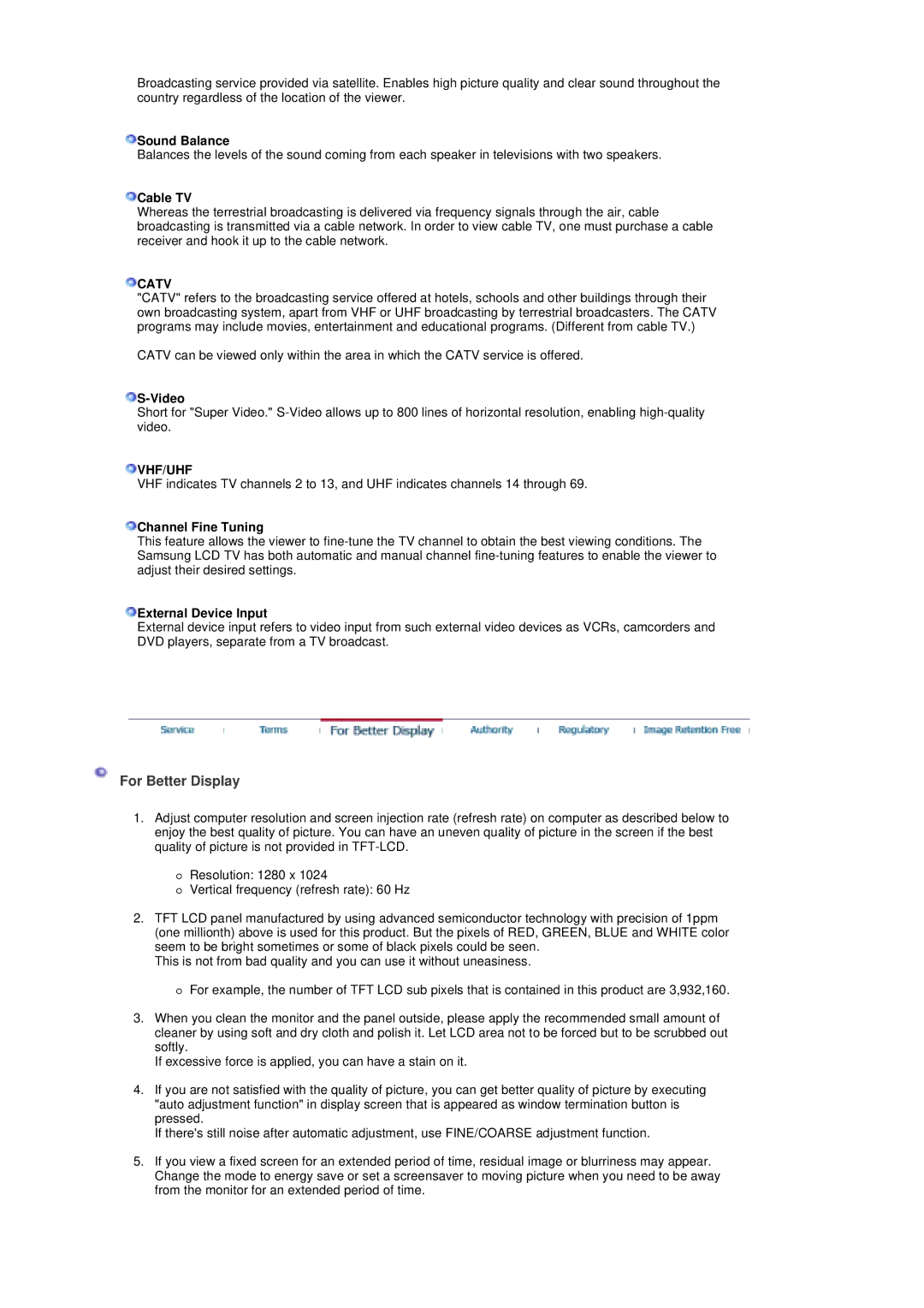 Samsung 730MP manual For Better Display, Catv, Vhf/Uhf 