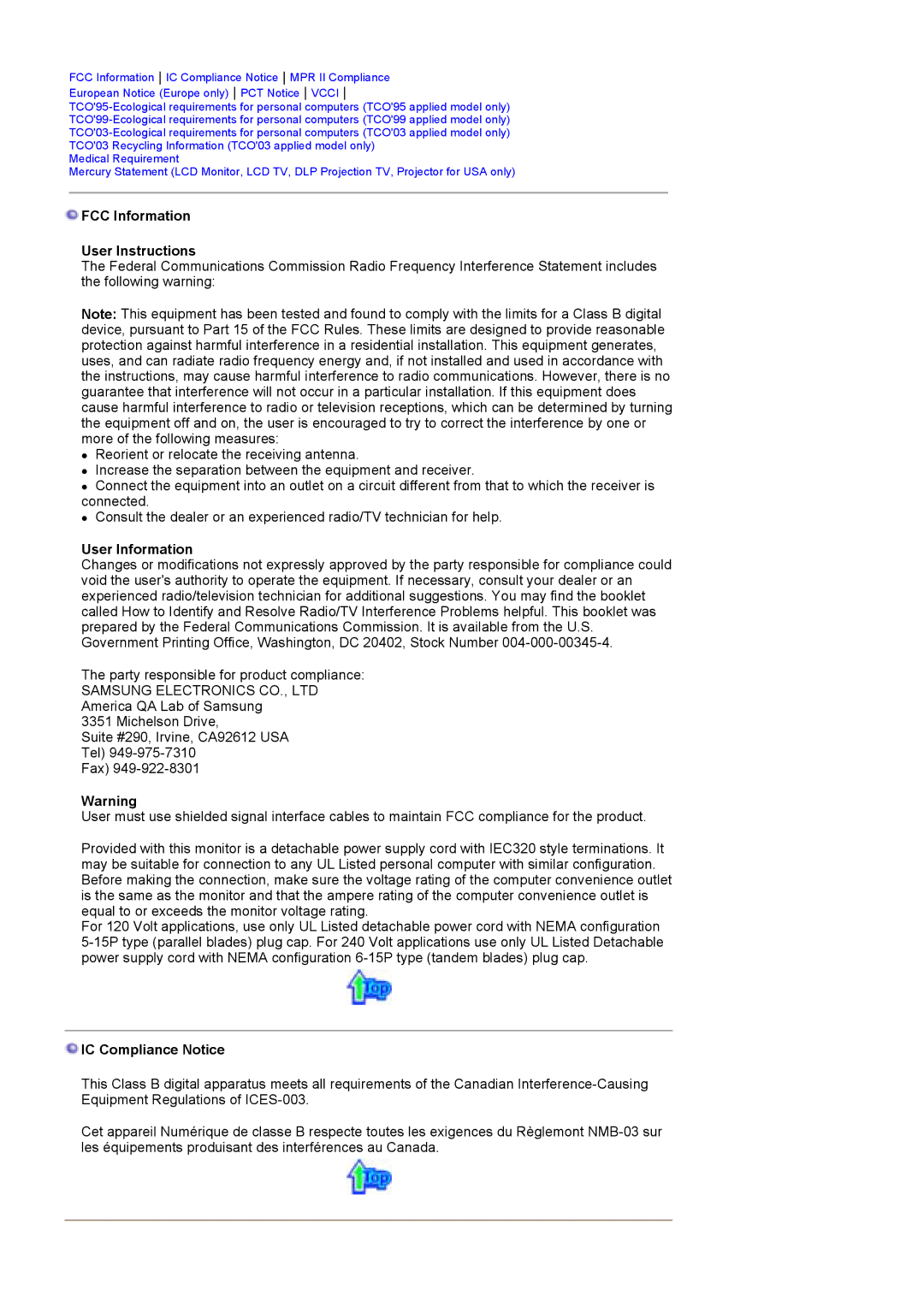 Samsung 730MP manual FCC Information User Instructions, User Information, IC Compliance Notice 