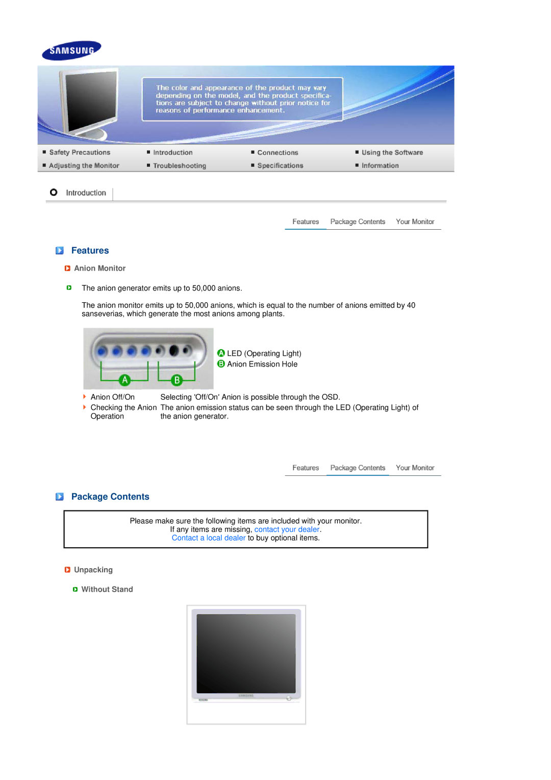 Samsung 731BA, 931BA manual Features, Package Contents 