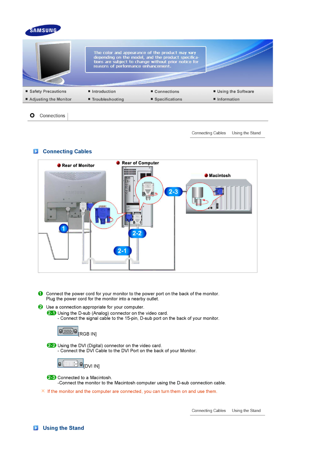 Samsung 731BA, 931BA manual Connecting Cables, Using the Stand 