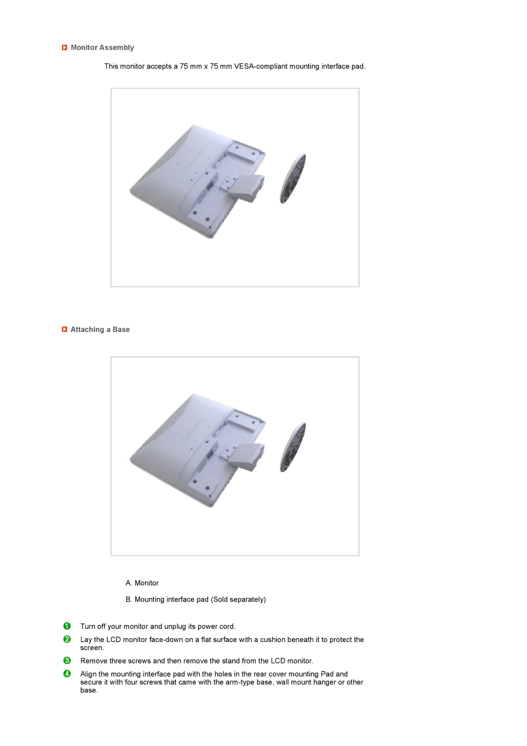 Samsung 731BA, 931BA manual Monitor Assembly, Attaching a Base 